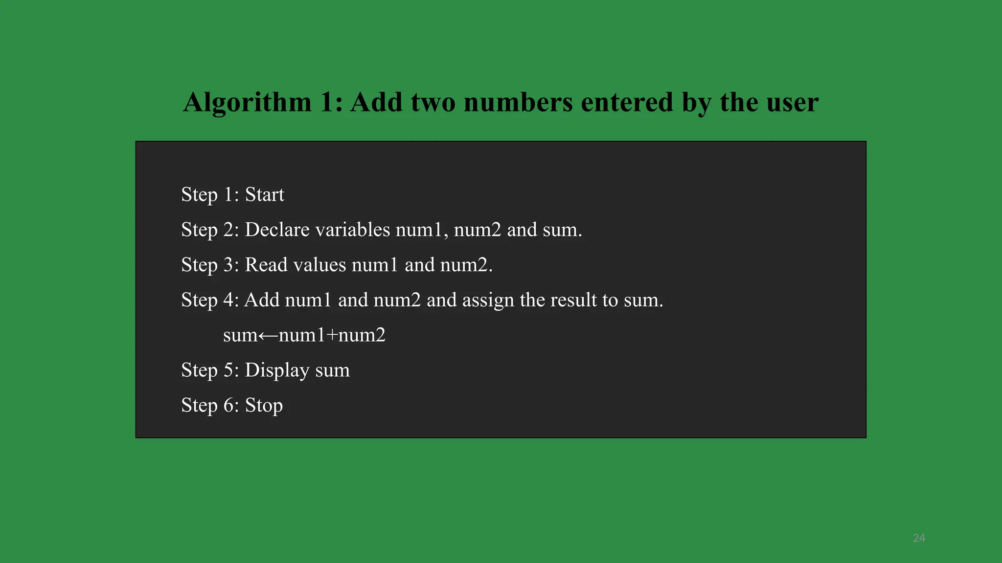 24
Algorithm 1: Add two numbers entered by the user
Step 1: Start
Step 2: Declare variables num1, num2 and sum.
Step 3: Read values num1 and num2.
Step 4: Add num1 and num2 and assign the result to sum.
sum←num1+num2
Step 5: Display sum
Step 6: Stop
 