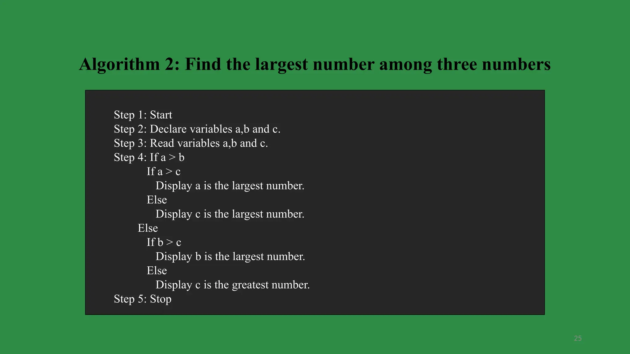 25
Algorithm 2: Find the largest number among three numbers
Step 1: Start
Step 2: Declare variables a,b and c.
Step 3: Read variables a,b and c.
Step 4: If a > b
If a > c
Display a is the largest number.
Else
Display c is the largest number.
Else
If b > c
Display b is the largest number.
Else
Display c is the greatest number.
Step 5: Stop
 