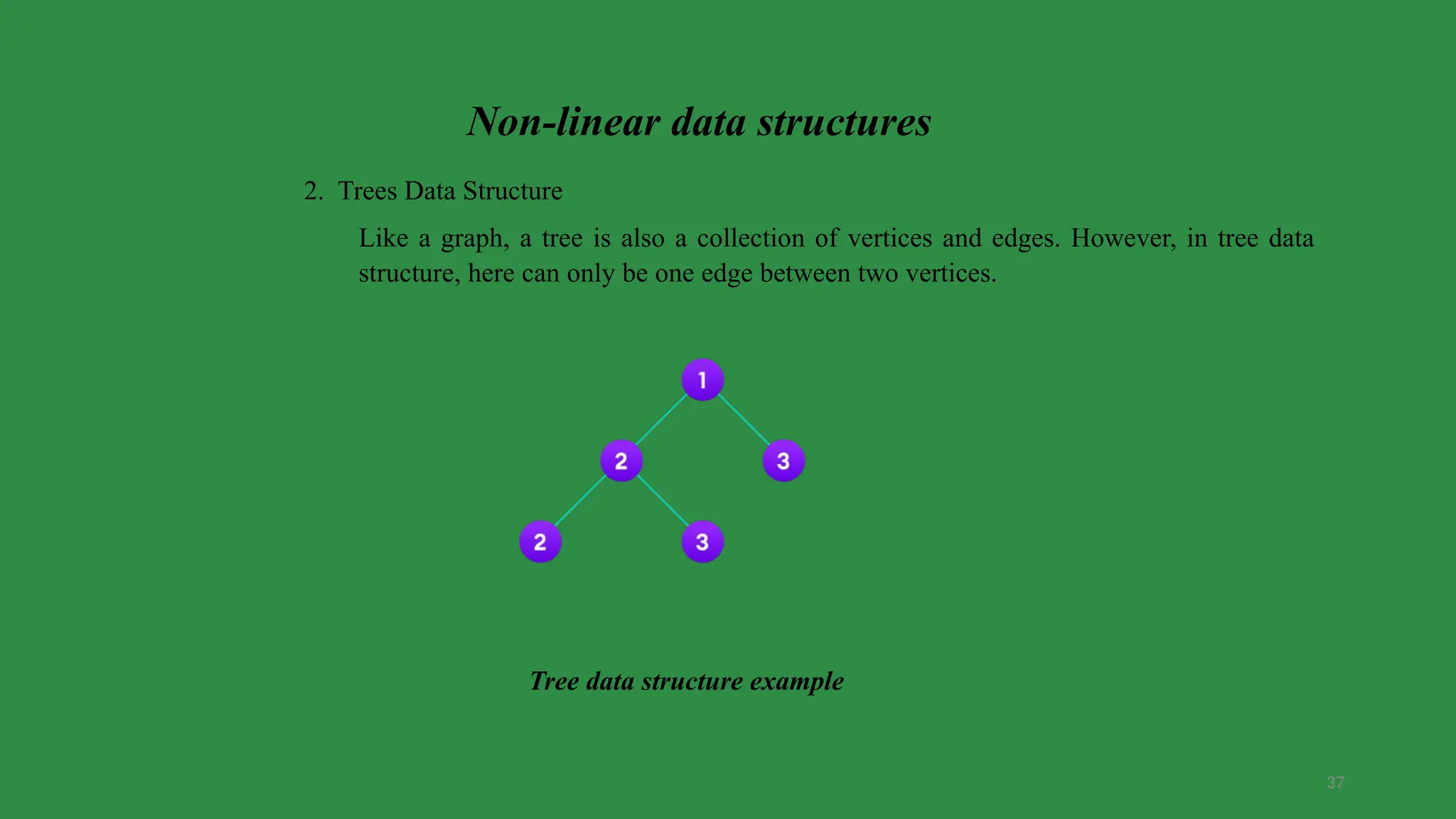 37
2. Trees Data Structure
Like a graph, a tree is also a collection of vertices and edges. However, in tree data
structure, here can only be one edge between two vertices.
Tree data structure example
Non-linear data structures
 