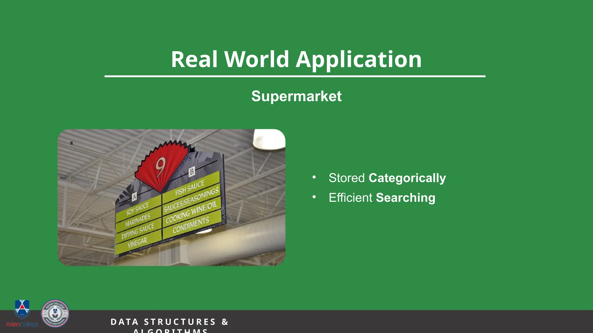 8
Real World Application
Supermarket
• Stored Categorically
• Efficient Searching
D A TA S T R U C T U R E S &
 