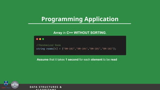 13
Programming Application
D A TA S T R U C T U R E S &
Array in C++ WITHOUT SORTING.
Assume that it takes 1 second for each element to be read
 
