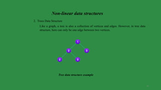 37
2. Trees Data Structure
Like a graph, a tree is also a collection of vertices and edges. However, in tree data
structure, here can only be one edge between two vertices.
Tree data structure example
Non-linear data structures
 