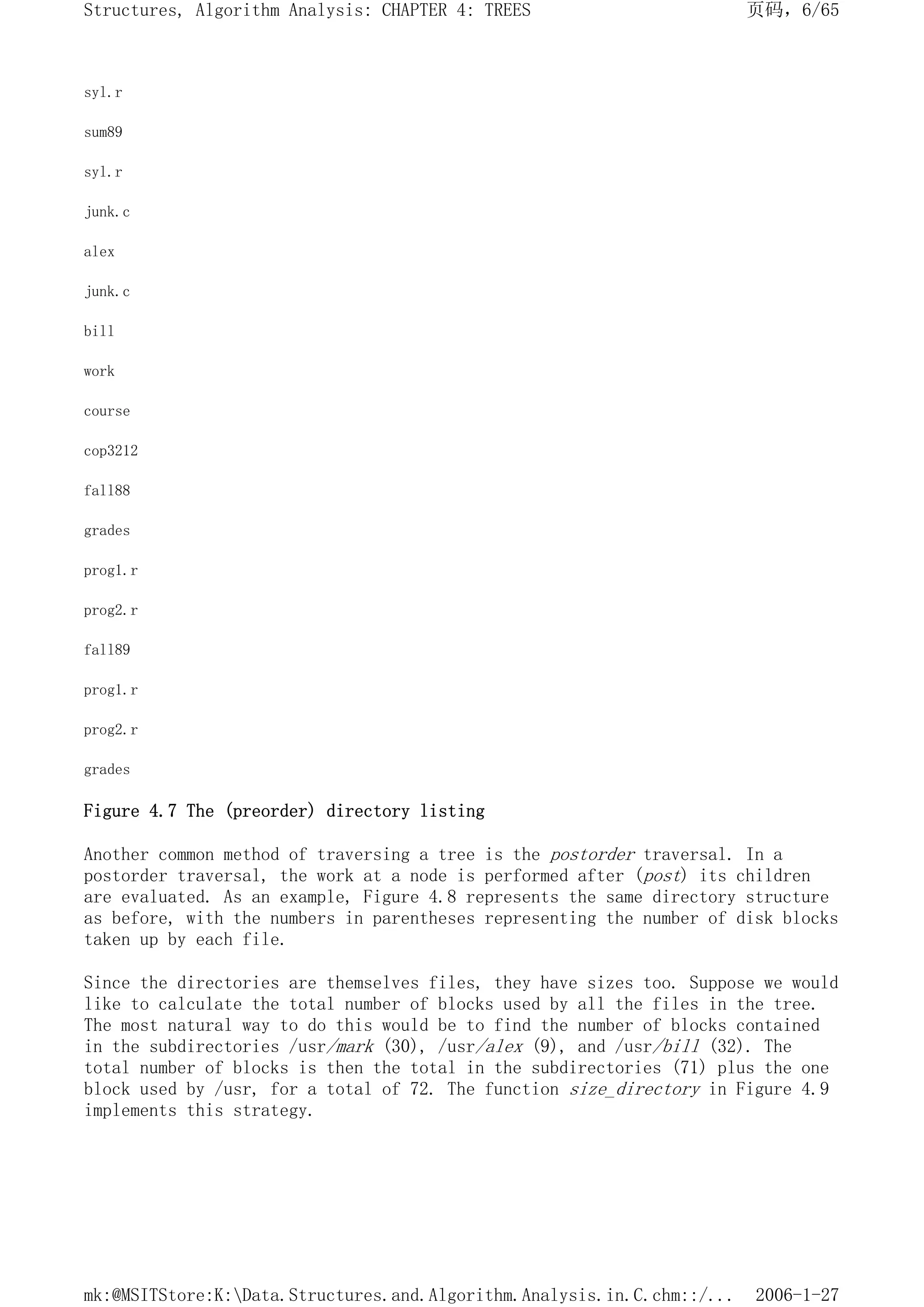 syl.r
sum89
syl.r
junk.c
alex
junk.c
bill
work
course
cop3212
fall88
grades
prog1.r
prog2.r
fall89
prog1.r
prog2.r
grades
Figure 4.7 The (preorder) directory listing
Another common method of traversing a tree is the postorder traversal. In a
postorder traversal, the work at a node is performed after (post) its children
are evaluated. As an example, Figure 4.8 represents the same directory structure
as before, with the numbers in parentheses representing the number of disk blocks
taken up by each file.
Since the directories are themselves files, they have sizes too. Suppose we would
like to calculate the total number of blocks used by all the files in the tree.
The most natural way to do this would be to find the number of blocks contained
in the subdirectories /usr/mark (30), /usr/alex (9), and /usr/bill (32). The
total number of blocks is then the total in the subdirectories (71) plus the one
block used by /usr, for a total of 72. The function size_directory in Figure 4.9
implements this strategy.
页码，6/65
Structures, Algorithm Analysis: CHAPTER 4: TREES
2006-1-27
mk:@MSITStore:K:Data.Structures.and.Algorithm.Analysis.in.C.chm::/...
 