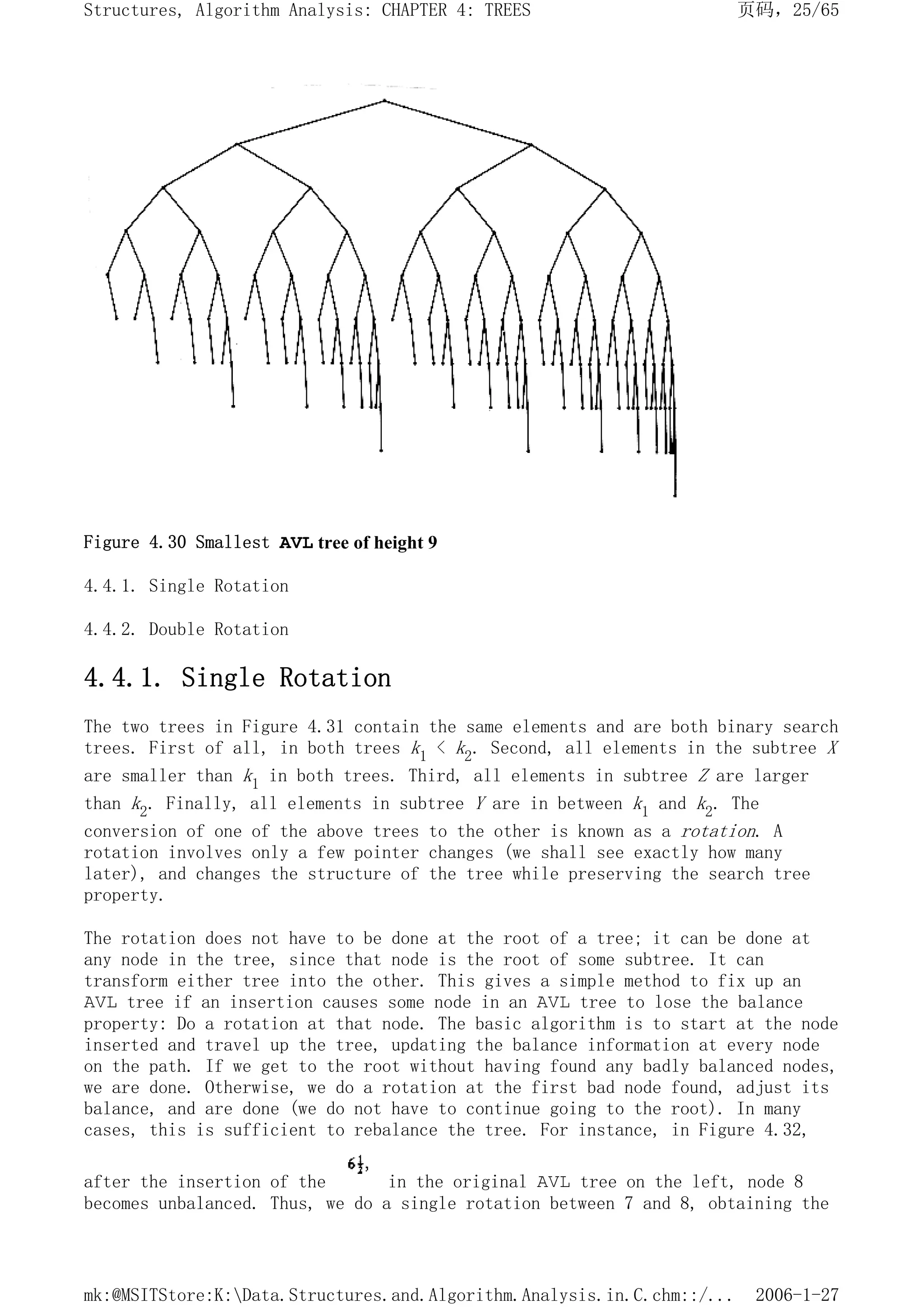 Figure 4.30 Smallest AVL tree of height 9
4.4.1. Single Rotation
4.4.2. Double Rotation
4.4.1. Single Rotation
The two trees in Figure 4.31 contain the same elements and are both binary search
trees. First of all, in both trees k1 < k2. Second, all elements in the subtree X
are smaller than k1 in both trees. Third, all elements in subtree Z are larger
than k2. Finally, all elements in subtree Y are in between k1 and k2. The
conversion of one of the above trees to the other is known as a rotation. A
rotation involves only a few pointer changes (we shall see exactly how many
later), and changes the structure of the tree while preserving the search tree
property.
The rotation does not have to be done at the root of a tree; it can be done at
any node in the tree, since that node is the root of some subtree. It can
transform either tree into the other. This gives a simple method to fix up an
AVL tree if an insertion causes some node in an AVL tree to lose the balance
property: Do a rotation at that node. The basic algorithm is to start at the node
inserted and travel up the tree, updating the balance information at every node
on the path. If we get to the root without having found any badly balanced nodes,
we are done. Otherwise, we do a rotation at the first bad node found, adjust its
balance, and are done (we do not have to continue going to the root). In many
cases, this is sufficient to rebalance the tree. For instance, in Figure 4.32,
after the insertion of the in the original AVL tree on the left, node 8
becomes unbalanced. Thus, we do a single rotation between 7 and 8, obtaining the
页码，25/65
Structures, Algorithm Analysis: CHAPTER 4: TREES
2006-1-27
mk:@MSITStore:K:Data.Structures.and.Algorithm.Analysis.in.C.chm::/...
 
