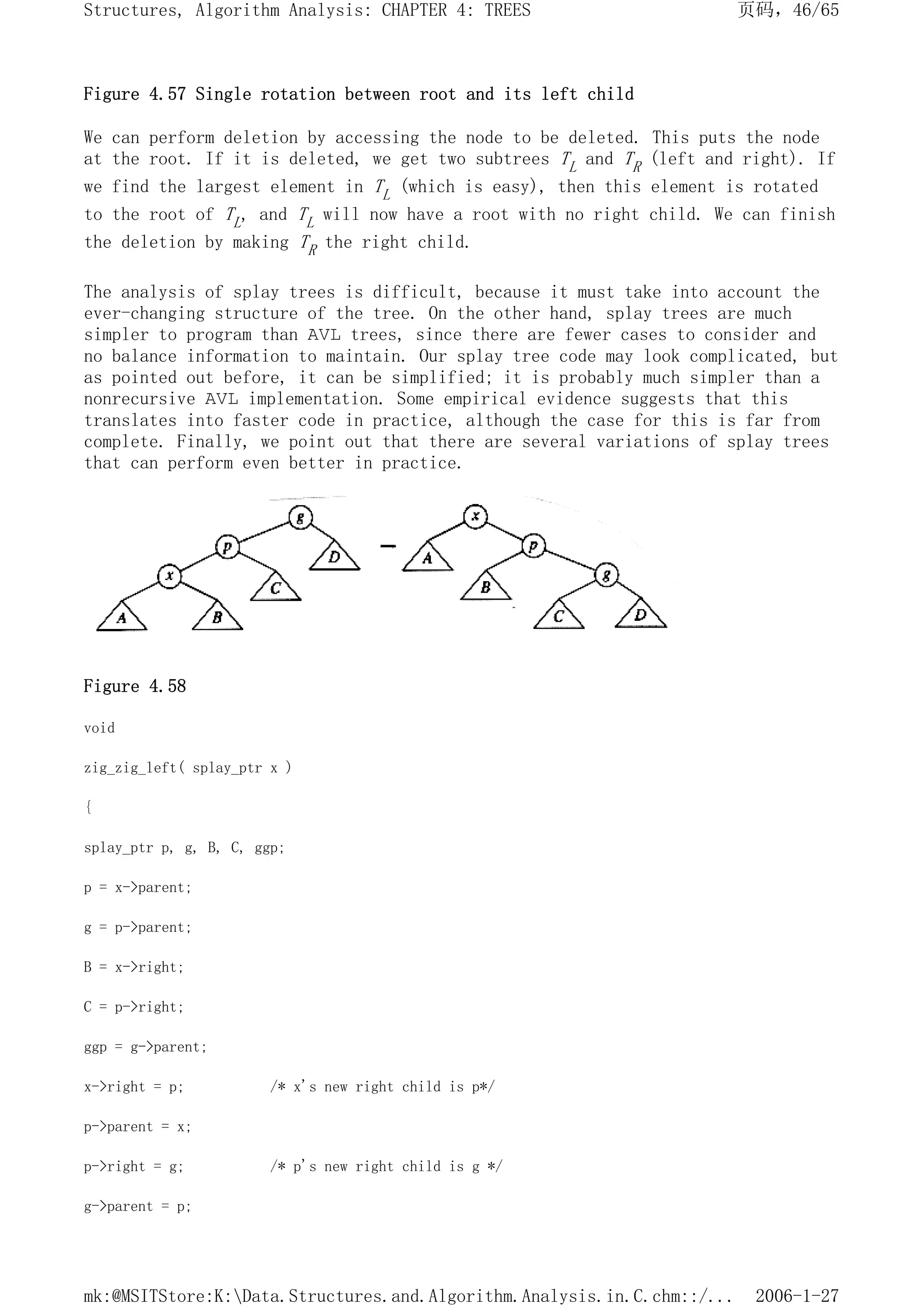 Figure 4.57 Single rotation between root and its left child
We can perform deletion by accessing the node to be deleted. This puts the node
at the root. If it is deleted, we get two subtrees TL and TR (left and right). If
we find the largest element in TL (which is easy), then this element is rotated
to the root of TL, and TL will now have a root with no right child. We can finish
the deletion by making TR the right child.
The analysis of splay trees is difficult, because it must take into account the
ever-changing structure of the tree. On the other hand, splay trees are much
simpler to program than AVL trees, since there are fewer cases to consider and
no balance information to maintain. Our splay tree code may look complicated, but
as pointed out before, it can be simplified; it is probably much simpler than a
nonrecursive AVL implementation. Some empirical evidence suggests that this
translates into faster code in practice, although the case for this is far from
complete. Finally, we point out that there are several variations of splay trees
that can perform even better in practice.
Figure 4.58
void
zig_zig_left( splay_ptr x )
{
splay_ptr p, g, B, C, ggp;
p = x->parent;
g = p->parent;
B = x->right;
C = p->right;
ggp = g->parent;
x->right = p; /* x's new right child is p*/
p->parent = x;
p->right = g; /* p's new right child is g */
g->parent = p;
页码，46/65
Structures, Algorithm Analysis: CHAPTER 4: TREES
2006-1-27
mk:@MSITStore:K:Data.Structures.and.Algorithm.Analysis.in.C.chm::/...
 