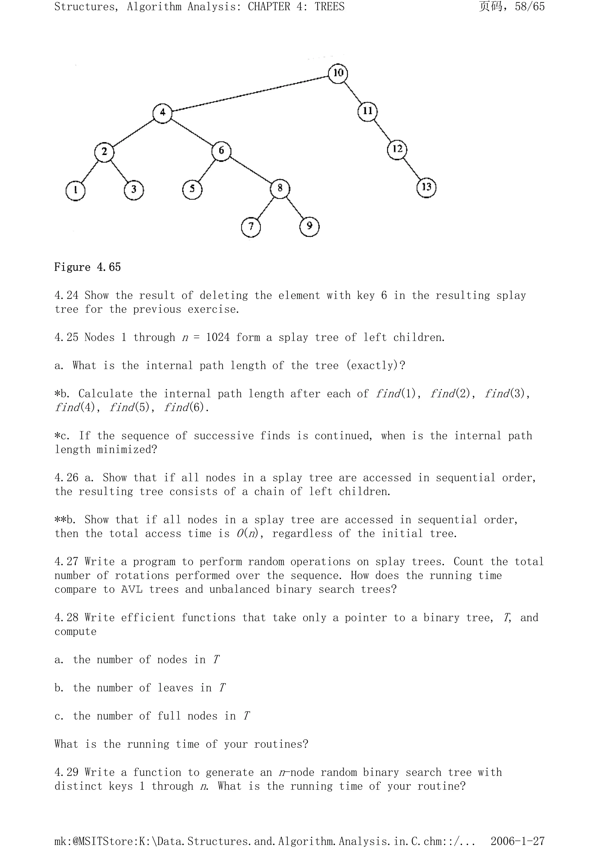 Figure 4.65
4.24 Show the result of deleting the element with key 6 in the resulting splay
tree for the previous exercise.
4.25 Nodes 1 through n = 1024 form a splay tree of left children.
a. What is the internal path length of the tree (exactly)?
*b. Calculate the internal path length after each of find(1), find(2), find(3),
find(4), find(5), find(6).
*c. If the sequence of successive finds is continued, when is the internal path
length minimized?
4.26 a. Show that if all nodes in a splay tree are accessed in sequential order,
the resulting tree consists of a chain of left children.
**b. Show that if all nodes in a splay tree are accessed in sequential order,
then the total access time is O(n), regardless of the initial tree.
4.27 Write a program to perform random operations on splay trees. Count the total
number of rotations performed over the sequence. How does the running time
compare to AVL trees and unbalanced binary search trees?
4.28 Write efficient functions that take only a pointer to a binary tree, T, and
compute
a. the number of nodes in T
b. the number of leaves in T
c. the number of full nodes in T
What is the running time of your routines?
4.29 Write a function to generate an n-node random binary search tree with
distinct keys 1 through n. What is the running time of your routine?
页码，58/65
Structures, Algorithm Analysis: CHAPTER 4: TREES
2006-1-27
mk:@MSITStore:K:Data.Structures.and.Algorithm.Analysis.in.C.chm::/...
 