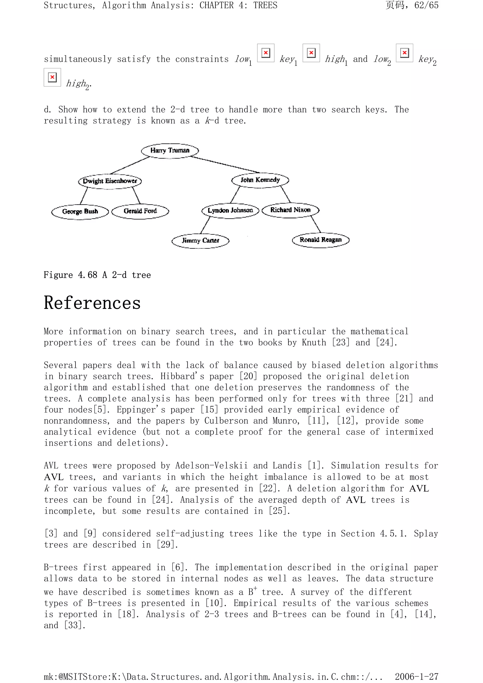 simultaneously satisfy the constraints low1 key1 high1 and low2 key2
high2.
d. Show how to extend the 2-d tree to handle more than two search keys. The
resulting strategy is known as a k-d tree.
Figure 4.68 A 2-d tree
References
More information on binary search trees, and in particular the mathematical
properties of trees can be found in the two books by Knuth [23] and [24].
Several papers deal with the lack of balance caused by biased deletion algorithms
in binary search trees. Hibbard's paper [20] proposed the original deletion
algorithm and established that one deletion preserves the randomness of the
trees. A complete analysis has been performed only for trees with three [21] and
four nodes[5]. Eppinger's paper [15] provided early empirical evidence of
nonrandomness, and the papers by Culberson and Munro, [11], [12], provide some
analytical evidence (but not a complete proof for the general case of intermixed
insertions and deletions).
AVL trees were proposed by Adelson-Velskii and Landis [1]. Simulation results for
AVL trees, and variants in which the height imbalance is allowed to be at most
k for various values of k, are presented in [22]. A deletion algorithm for AVL
trees can be found in [24]. Analysis of the averaged depth of AVL trees is
incomplete, but some results are contained in [25].
[3] and [9] considered self-adjusting trees like the type in Section 4.5.1. Splay
trees are described in [29].
B-trees first appeared in [6]. The implementation described in the original paper
allows data to be stored in internal nodes as well as leaves. The data structure
we have described is sometimes known as a B+ tree. A survey of the different
types of B-trees is presented in [10]. Empirical results of the various schemes
is reported in [18]. Analysis of 2-3 trees and B-trees can be found in [4], [14],
and [33].
页码，62/65
Structures, Algorithm Analysis: CHAPTER 4: TREES
2006-1-27
mk:@MSITStore:K:Data.Structures.and.Algorithm.Analysis.in.C.chm::/...
 