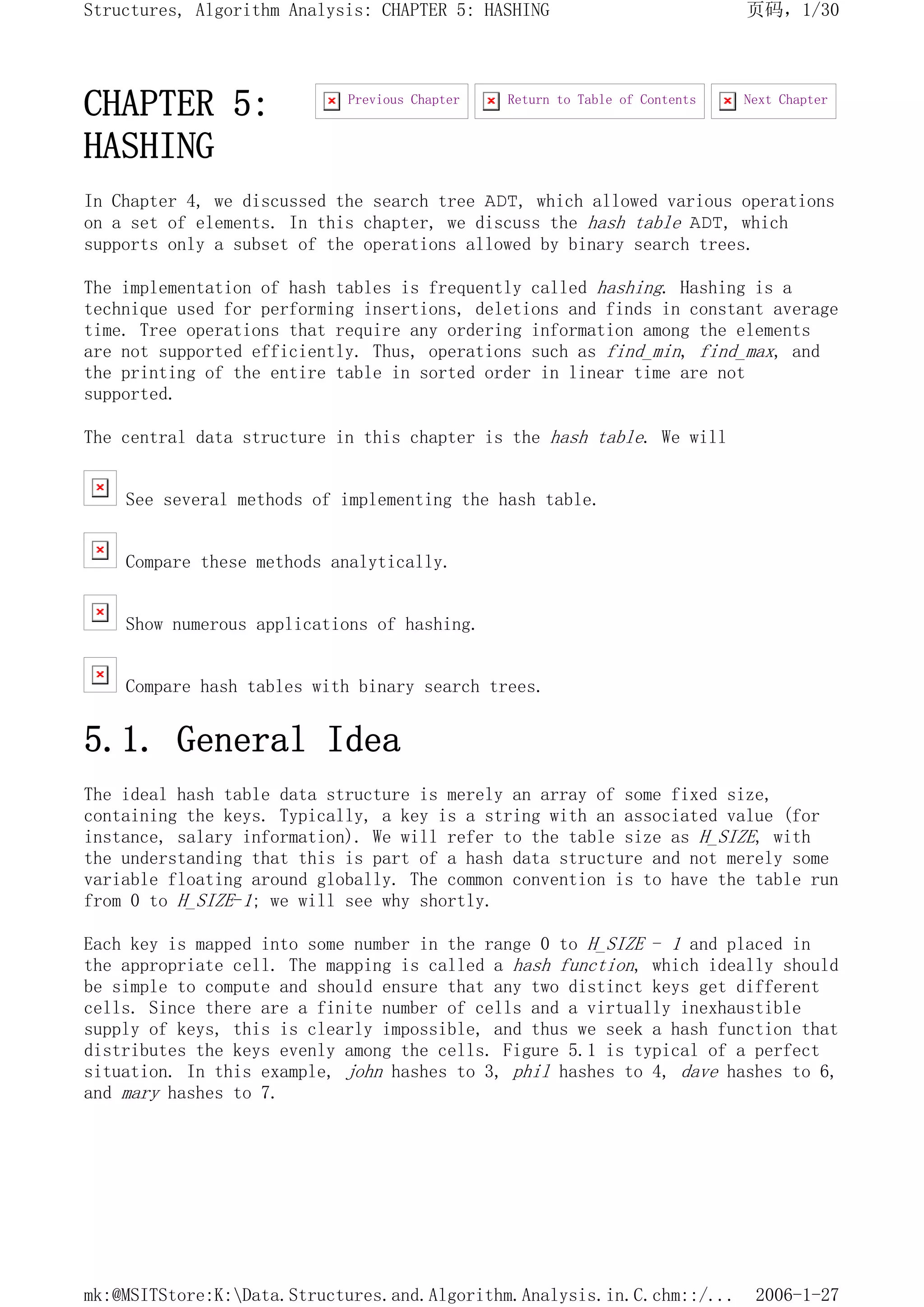 CHAPTER 5:
HASHING
In Chapter 4, we discussed the search tree ADT, which allowed various operations
on a set of elements. In this chapter, we discuss the hash table ADT, which
supports only a subset of the operations allowed by binary search trees.
The implementation of hash tables is frequently called hashing. Hashing is a
technique used for performing insertions, deletions and finds in constant average
time. Tree operations that require any ordering information among the elements
are not supported efficiently. Thus, operations such as find_min, find_max, and
the printing of the entire table in sorted order in linear time are not
supported.
The central data structure in this chapter is the hash table. We will
See several methods of implementing the hash table.
Compare these methods analytically.
Show numerous applications of hashing.
Compare hash tables with binary search trees.
5.1. General Idea
The ideal hash table data structure is merely an array of some fixed size,
containing the keys. Typically, a key is a string with an associated value (for
instance, salary information). We will refer to the table size as H_SIZE, with
the understanding that this is part of a hash data structure and not merely some
variable floating around globally. The common convention is to have the table run
from 0 to H_SIZE-1; we will see why shortly.
Each key is mapped into some number in the range 0 to H_SIZE - 1 and placed in
the appropriate cell. The mapping is called a hash function, which ideally should
be simple to compute and should ensure that any two distinct keys get different
cells. Since there are a finite number of cells and a virtually inexhaustible
supply of keys, this is clearly impossible, and thus we seek a hash function that
distributes the keys evenly among the cells. Figure 5.1 is typical of a perfect
situation. In this example, john hashes to 3, phil hashes to 4, dave hashes to 6,
and mary hashes to 7.
Next Chapter
Return to Table of Contents
Previous Chapter
页码，1/30
Structures, Algorithm Analysis: CHAPTER 5: HASHING
2006-1-27
mk:@MSITStore:K:Data.Structures.and.Algorithm.Analysis.in.C.chm::/...
 