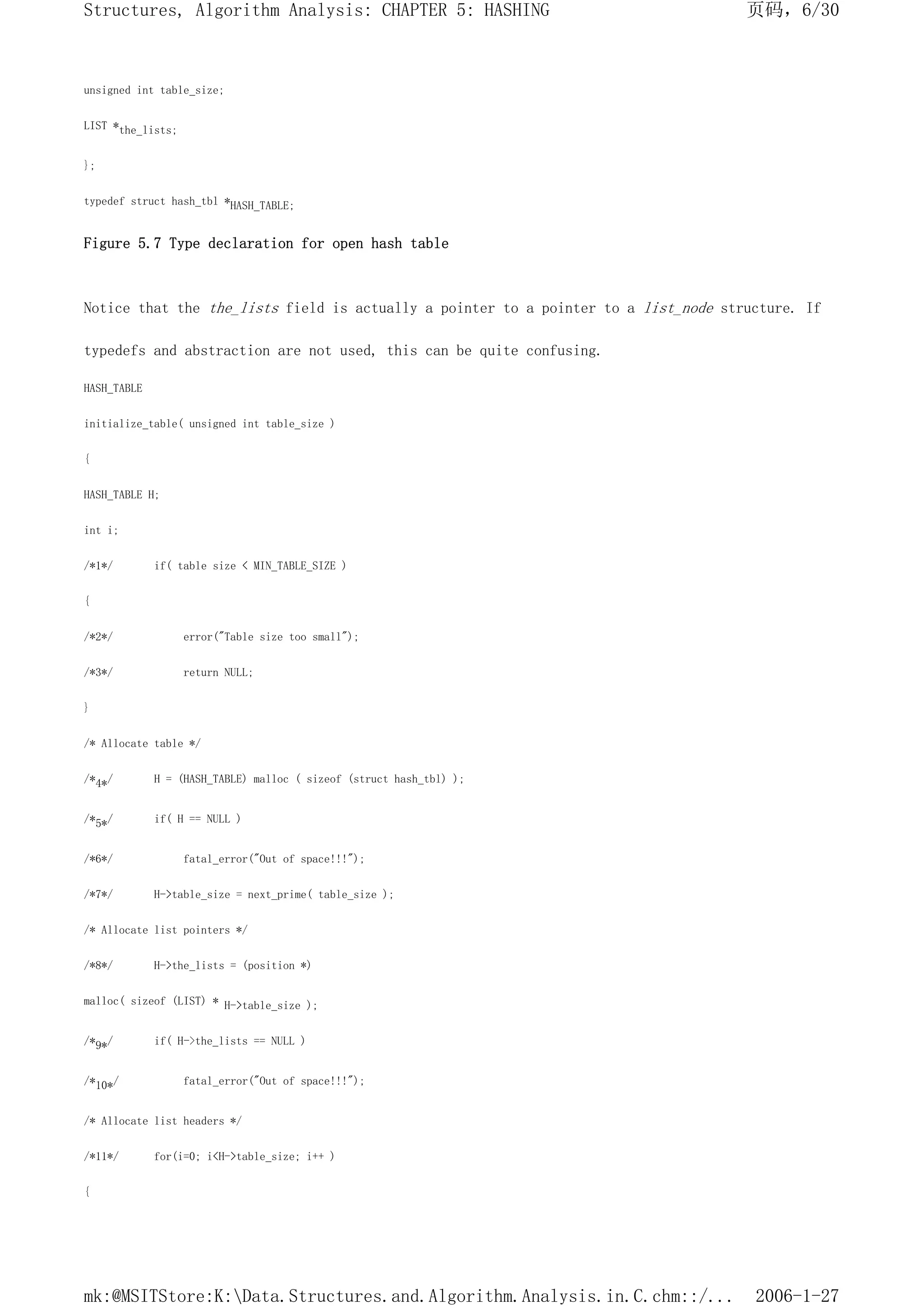 unsigned int table_size;
LIST *the_lists;
};
typedef struct hash_tbl *HASH_TABLE;
Figure 5.7 Type declaration for open hash table
Notice that the the_lists field is actually a pointer to a pointer to a list_node structure. If
typedefs and abstraction are not used, this can be quite confusing.
HASH_TABLE
initialize_table( unsigned int table_size )
{
HASH_TABLE H;
int i;
/*1*/ if( table size < MIN_TABLE_SIZE )
{
/*2*/ error("Table size too small");
/*3*/ return NULL;
}
/* Allocate table */
/*4*/ H = (HASH_TABLE) malloc ( sizeof (struct hash_tbl) );
/*5*/ if( H == NULL )
/*6*/ fatal_error("Out of space!!!");
/*7*/ H->table_size = next_prime( table_size );
/* Allocate list pointers */
/*8*/ H->the_lists = (position *)
malloc( sizeof (LIST) * H->table_size );
/*9*/ if( H->the_lists == NULL )
/*10*/ fatal_error("Out of space!!!");
/* Allocate list headers */
/*11*/ for(i=0; i<H->table_size; i++ )
{
页码，6/30
Structures, Algorithm Analysis: CHAPTER 5: HASHING
2006-1-27
mk:@MSITStore:K:Data.Structures.and.Algorithm.Analysis.in.C.chm::/...
 
