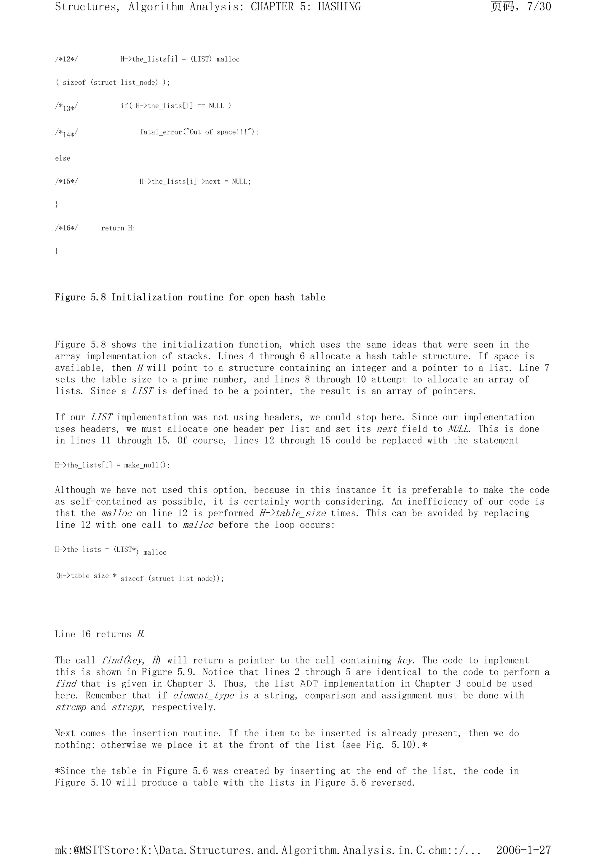 /*12*/ H->the_lists[i] = (LIST) malloc
( sizeof (struct list_node) );
/*13*/ if( H->the_lists[i] == NULL )
/*14*/ fatal_error("Out of space!!!");
else
/*15*/ H->the_lists[i]->next = NULL;
}
/*16*/ return H;
}
Figure 5.8 Initialization routine for open hash table
Figure 5.8 shows the initialization function, which uses the same ideas that were seen in the
array implementation of stacks. Lines 4 through 6 allocate a hash table structure. If space is
available, then H will point to a structure containing an integer and a pointer to a list. Line 7
sets the table size to a prime number, and lines 8 through 10 attempt to allocate an array of
lists. Since a LIST is defined to be a pointer, the result is an array of pointers.
If our LIST implementation was not using headers, we could stop here. Since our implementation
uses headers, we must allocate one header per list and set its next field to NULL. This is done
in lines 11 through 15. Of course, lines 12 through 15 could be replaced with the statement
H->the_lists[i] = make_null();
Although we have not used this option, because in this instance it is preferable to make the code
as self-contained as possible, it is certainly worth considering. An inefficiency of our code is
that the malloc on line 12 is performed H->table_size times. This can be avoided by replacing
line 12 with one call to malloc before the loop occurs:
H->the lists = (LIST*) malloc
(H->table_size * sizeof (struct list_node));
Line 16 returns H.
The call find(key, H) will return a pointer to the cell containing key. The code to implement
this is shown in Figure 5.9. Notice that lines 2 through 5 are identical to the code to perform a
find that is given in Chapter 3. Thus, the list ADT implementation in Chapter 3 could be used
here. Remember that if element_type is a string, comparison and assignment must be done with
strcmp and strcpy, respectively.
Next comes the insertion routine. If the item to be inserted is already present, then we do
nothing; otherwise we place it at the front of the list (see Fig. 5.10).*
*Since the table in Figure 5.6 was created by inserting at the end of the list, the code in
Figure 5.10 will produce a table with the lists in Figure 5.6 reversed.
页码，7/30
Structures, Algorithm Analysis: CHAPTER 5: HASHING
2006-1-27
mk:@MSITStore:K:Data.Structures.and.Algorithm.Analysis.in.C.chm::/...
 