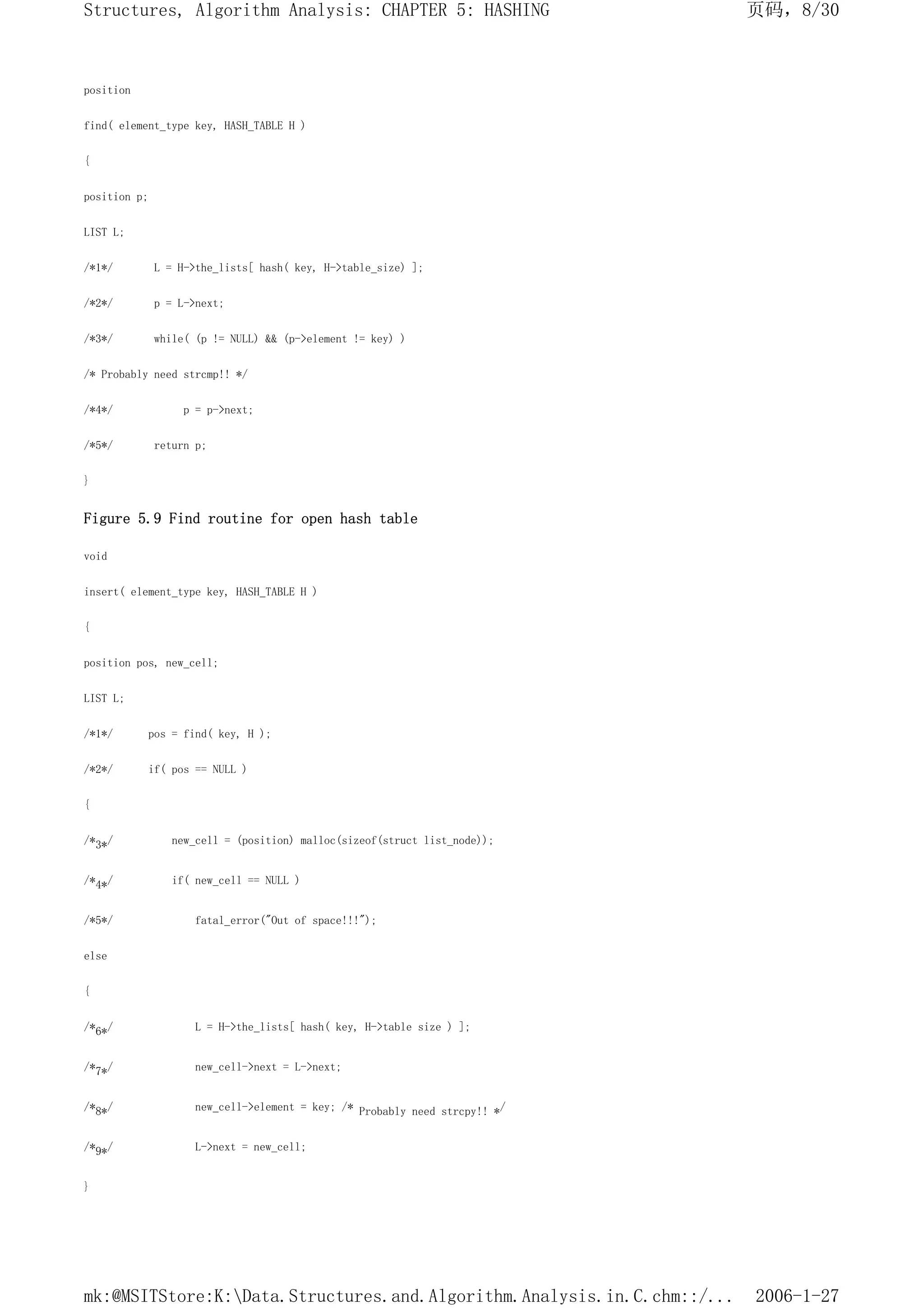 position
find( element_type key, HASH_TABLE H )
{
position p;
LIST L;
/*1*/ L = H->the_lists[ hash( key, H->table_size) ];
/*2*/ p = L->next;
/*3*/ while( (p != NULL) && (p->element != key) )
/* Probably need strcmp!! */
/*4*/ p = p->next;
/*5*/ return p;
}
Figure 5.9 Find routine for open hash table
void
insert( element_type key, HASH_TABLE H )
{
position pos, new_cell;
LIST L;
/*1*/ pos = find( key, H );
/*2*/ if( pos == NULL )
{
/*3*/ new_cell = (position) malloc(sizeof(struct list_node));
/*4*/ if( new_cell == NULL )
/*5*/ fatal_error("Out of space!!!");
else
{
/*6*/ L = H->the_lists[ hash( key, H->table size ) ];
/*7*/ new_cell->next = L->next;
/*8*/ new_cell->element = key; /* Probably need strcpy!! */
/*9*/ L->next = new_cell;
}
页码，8/30
Structures, Algorithm Analysis: CHAPTER 5: HASHING
2006-1-27
mk:@MSITStore:K:Data.Structures.and.Algorithm.Analysis.in.C.chm::/...
 