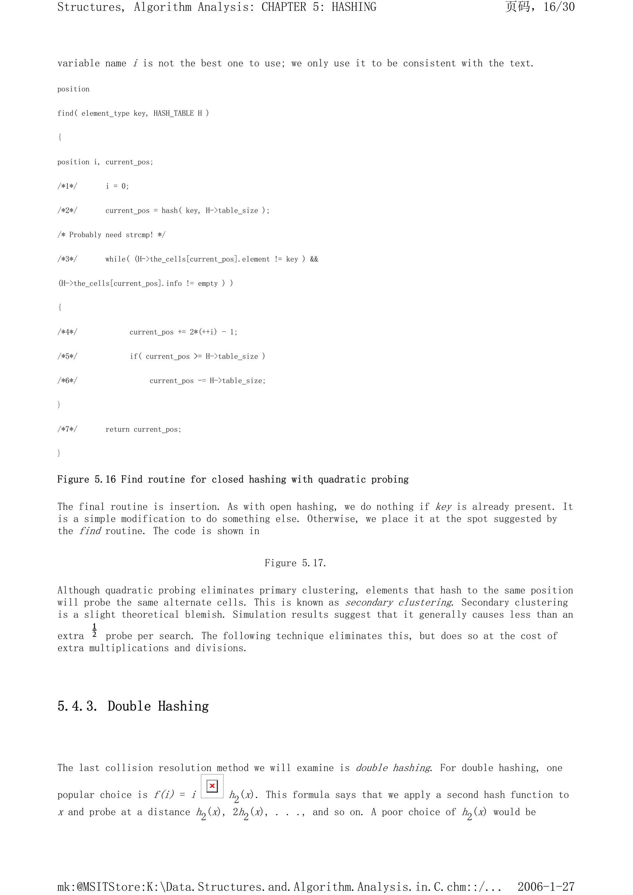 variable name i is not the best one to use; we only use it to be consistent with the text.
position
find( element_type key, HASH_TABLE H )
{
position i, current_pos;
/*1*/ i = 0;
/*2*/ current_pos = hash( key, H->table_size );
/* Probably need strcmp! */
/*3*/ while( (H->the_cells[current_pos].element != key ) &&
(H->the_cells[current_pos].info != empty ) )
{
/*4*/ current_pos += 2*(++i) - 1;
/*5*/ if( current_pos >= H->table_size )
/*6*/ current_pos -= H->table_size;
}
/*7*/ return current_pos;
}
Figure 5.16 Find routine for closed hashing with quadratic probing
The final routine is insertion. As with open hashing, we do nothing if key is already present. It
is a simple modification to do something else. Otherwise, we place it at the spot suggested by
the find routine. The code is shown in
Figure 5.17.
Although quadratic probing eliminates primary clustering, elements that hash to the same position
will probe the same alternate cells. This is known as secondary clustering. Secondary clustering
is a slight theoretical blemish. Simulation results suggest that it generally causes less than an
extra probe per search. The following technique eliminates this, but does so at the cost of
extra multiplications and divisions.
5.4.3. Double Hashing
The last collision resolution method we will examine is double hashing. For double hashing, one
popular choice is f(i) = i h2(x). This formula says that we apply a second hash function to
x and probe at a distance h2(x), 2h2(x), . . ., and so on. A poor choice of h2(x) would be
页码，16/30
Structures, Algorithm Analysis: CHAPTER 5: HASHING
2006-1-27
mk:@MSITStore:K:Data.Structures.and.Algorithm.Analysis.in.C.chm::/...
 