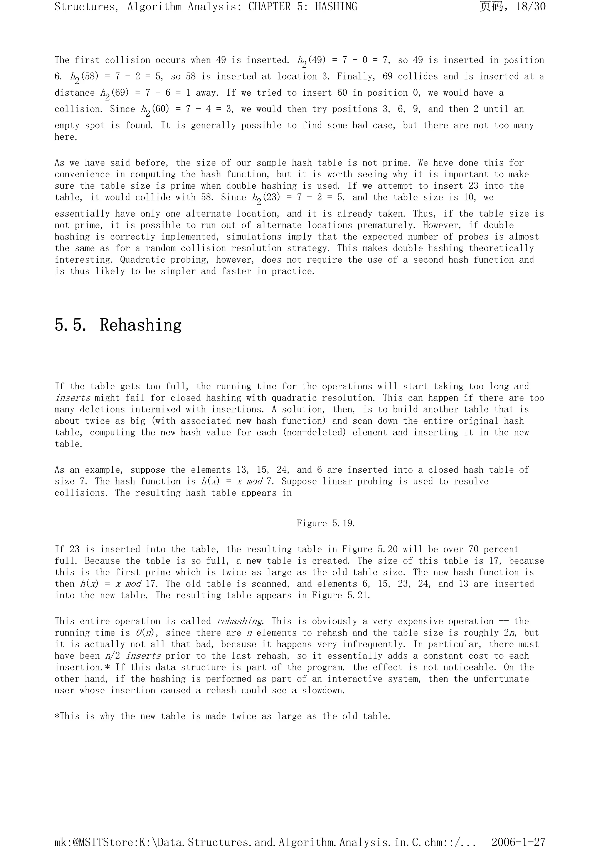 The first collision occurs when 49 is inserted. h2(49) = 7 - 0 = 7, so 49 is inserted in position
6. h2(58) = 7 - 2 = 5, so 58 is inserted at location 3. Finally, 69 collides and is inserted at a
distance h2(69) = 7 - 6 = 1 away. If we tried to insert 60 in position 0, we would have a
collision. Since h2(60) = 7 - 4 = 3, we would then try positions 3, 6, 9, and then 2 until an
empty spot is found. It is generally possible to find some bad case, but there are not too many
here.
As we have said before, the size of our sample hash table is not prime. We have done this for
convenience in computing the hash function, but it is worth seeing why it is important to make
sure the table size is prime when double hashing is used. If we attempt to insert 23 into the
table, it would collide with 58. Since h2(23) = 7 - 2 = 5, and the table size is 10, we
essentially have only one alternate location, and it is already taken. Thus, if the table size is
not prime, it is possible to run out of alternate locations prematurely. However, if double
hashing is correctly implemented, simulations imply that the expected number of probes is almost
the same as for a random collision resolution strategy. This makes double hashing theoretically
interesting. Quadratic probing, however, does not require the use of a second hash function and
is thus likely to be simpler and faster in practice.
5.5. Rehashing
If the table gets too full, the running time for the operations will start taking too long and
inserts might fail for closed hashing with quadratic resolution. This can happen if there are too
many deletions intermixed with insertions. A solution, then, is to build another table that is
about twice as big (with associated new hash function) and scan down the entire original hash
table, computing the new hash value for each (non-deleted) element and inserting it in the new
table.
As an example, suppose the elements 13, 15, 24, and 6 are inserted into a closed hash table of
size 7. The hash function is h(x) = x mod 7. Suppose linear probing is used to resolve
collisions. The resulting hash table appears in
Figure 5.19.
If 23 is inserted into the table, the resulting table in Figure 5.20 will be over 70 percent
full. Because the table is so full, a new table is created. The size of this table is 17, because
this is the first prime which is twice as large as the old table size. The new hash function is
then h(x) = x mod 17. The old table is scanned, and elements 6, 15, 23, 24, and 13 are inserted
into the new table. The resulting table appears in Figure 5.21.
This entire operation is called rehashing. This is obviously a very expensive operation -- the
running time is O(n), since there are n elements to rehash and the table size is roughly 2n, but
it is actually not all that bad, because it happens very infrequently. In particular, there must
have been n/2 inserts prior to the last rehash, so it essentially adds a constant cost to each
insertion.* If this data structure is part of the program, the effect is not noticeable. On the
other hand, if the hashing is performed as part of an interactive system, then the unfortunate
user whose insertion caused a rehash could see a slowdown.
*This is why the new table is made twice as large as the old table.
页码，18/30
Structures, Algorithm Analysis: CHAPTER 5: HASHING
2006-1-27
mk:@MSITStore:K:Data.Structures.and.Algorithm.Analysis.in.C.chm::/...
 