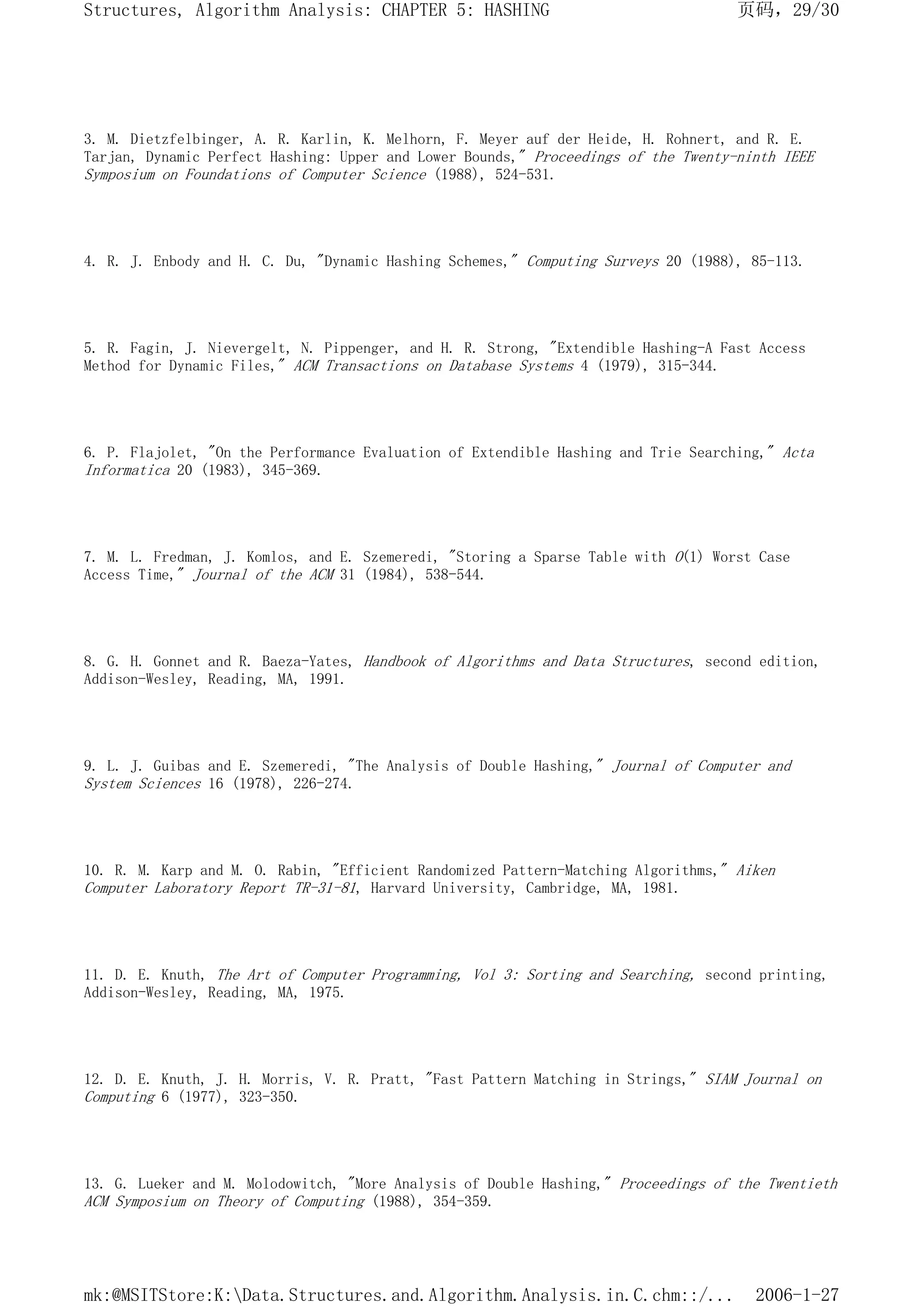 3. M. Dietzfelbinger, A. R. Karlin, K. Melhorn, F. Meyer auf der Heide, H. Rohnert, and R. E.
Tarjan, Dynamic Perfect Hashing: Upper and Lower Bounds," Proceedings of the Twenty-ninth IEEE
Symposium on Foundations of Computer Science (1988), 524-531.
4. R. J. Enbody and H. C. Du, "Dynamic Hashing Schemes," Computing Surveys 20 (1988), 85-113.
5. R. Fagin, J. Nievergelt, N. Pippenger, and H. R. Strong, "Extendible Hashing-A Fast Access
Method for Dynamic Files," ACM Transactions on Database Systems 4 (1979), 315-344.
6. P. Flajolet, "On the Performance Evaluation of Extendible Hashing and Trie Searching," Acta
Informatica 20 (1983), 345-369.
7. M. L. Fredman, J. Komlos, and E. Szemeredi, "Storing a Sparse Table with O(1) Worst Case
Access Time," Journal of the ACM 31 (1984), 538-544.
8. G. H. Gonnet and R. Baeza-Yates, Handbook of Algorithms and Data Structures, second edition,
Addison-Wesley, Reading, MA, 1991.
9. L. J. Guibas and E. Szemeredi, "The Analysis of Double Hashing," Journal of Computer and
System Sciences 16 (1978), 226-274.
10. R. M. Karp and M. O. Rabin, "Efficient Randomized Pattern-Matching Algorithms," Aiken
Computer Laboratory Report TR-31-81, Harvard University, Cambridge, MA, 1981.
11. D. E. Knuth, The Art of Computer Programming, Vol 3: Sorting and Searching, second printing,
Addison-Wesley, Reading, MA, 1975.
12. D. E. Knuth, J. H. Morris, V. R. Pratt, "Fast Pattern Matching in Strings," SIAM Journal on
Computing 6 (1977), 323-350.
13. G. Lueker and M. Molodowitch, "More Analysis of Double Hashing," Proceedings of the Twentieth
ACM Symposium on Theory of Computing (1988), 354-359.
页码，29/30
Structures, Algorithm Analysis: CHAPTER 5: HASHING
2006-1-27
mk:@MSITStore:K:Data.Structures.and.Algorithm.Analysis.in.C.chm::/...
 