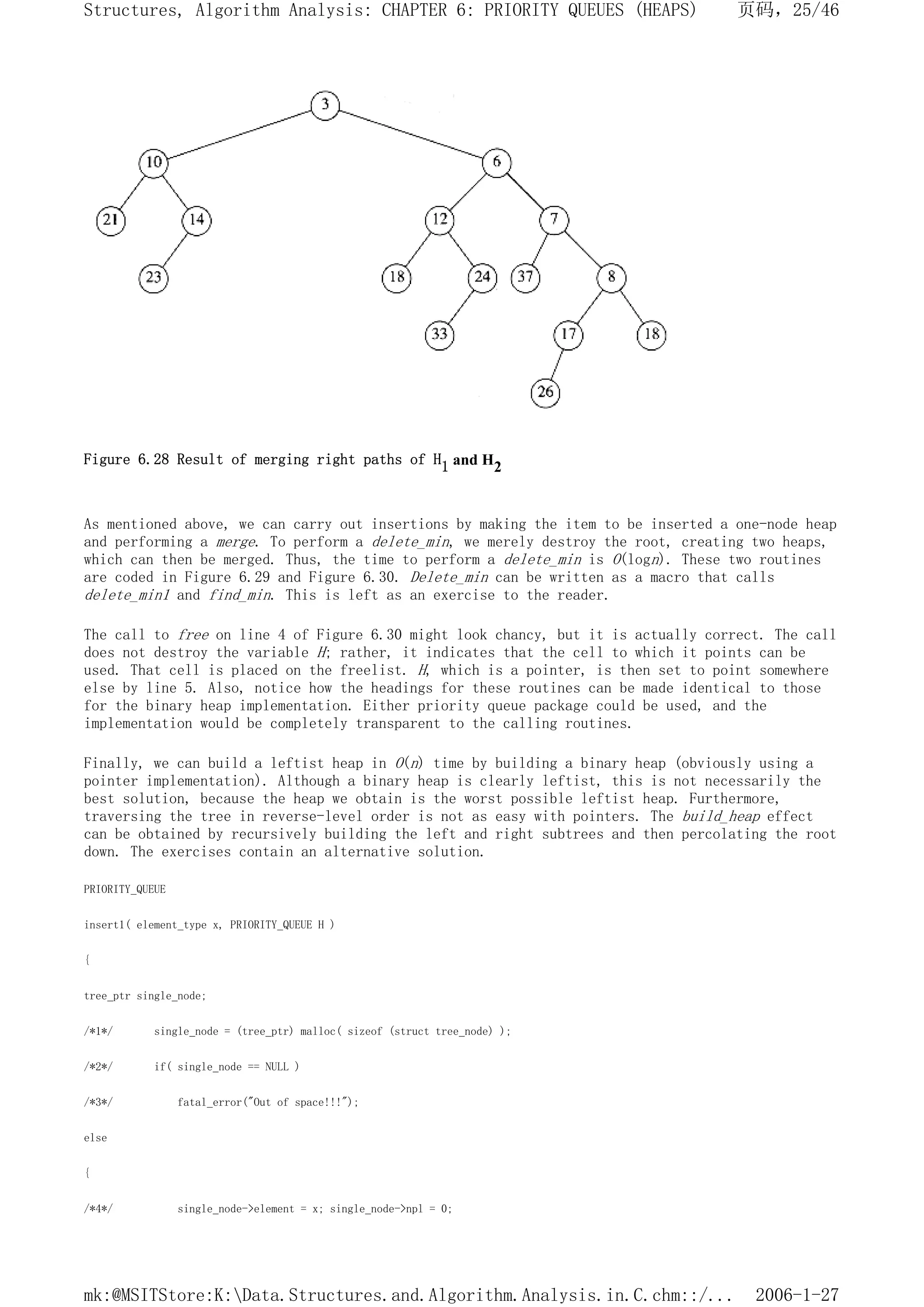 Figure 6.28 Result of merging right paths of H1 and H2
As mentioned above, we can carry out insertions by making the item to be inserted a one-node heap
and performing a merge. To perform a delete_min, we merely destroy the root, creating two heaps,
which can then be merged. Thus, the time to perform a delete_min is O(logn). These two routines
are coded in Figure 6.29 and Figure 6.30. Delete_min can be written as a macro that calls
delete_min1 and find_min. This is left as an exercise to the reader.
The call to free on line 4 of Figure 6.30 might look chancy, but it is actually correct. The call
does not destroy the variable H; rather, it indicates that the cell to which it points can be
used. That cell is placed on the freelist. H, which is a pointer, is then set to point somewhere
else by line 5. Also, notice how the headings for these routines can be made identical to those
for the binary heap implementation. Either priority queue package could be used, and the
implementation would be completely transparent to the calling routines.
Finally, we can build a leftist heap in O(n) time by building a binary heap (obviously using a
pointer implementation). Although a binary heap is clearly leftist, this is not necessarily the
best solution, because the heap we obtain is the worst possible leftist heap. Furthermore,
traversing the tree in reverse-level order is not as easy with pointers. The build_heap effect
can be obtained by recursively building the left and right subtrees and then percolating the root
down. The exercises contain an alternative solution.
PRIORITY_QUEUE
insert1( element_type x, PRIORITY_QUEUE H )
{
tree_ptr single_node;
/*1*/ single_node = (tree_ptr) malloc( sizeof (struct tree_node) );
/*2*/ if( single_node == NULL )
/*3*/ fatal_error("Out of space!!!");
else
{
/*4*/ single_node->element = x; single_node->npl = 0;
页码，25/46
Structures, Algorithm Analysis: CHAPTER 6: PRIORITY QUEUES (HEAPS)
2006-1-27
mk:@MSITStore:K:Data.Structures.and.Algorithm.Analysis.in.C.chm::/...
 