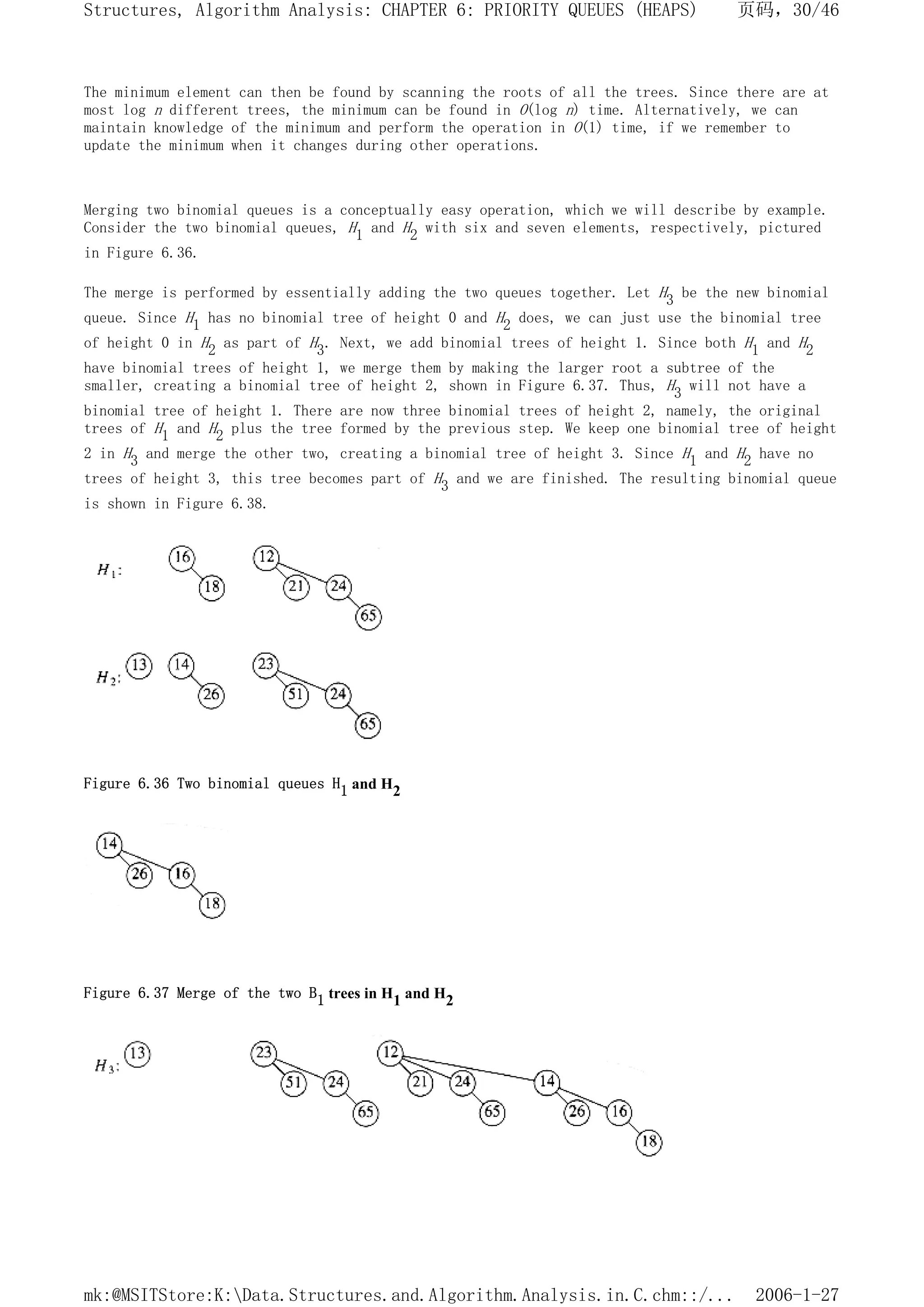 The minimum element can then be found by scanning the roots of all the trees. Since there are at
most log n different trees, the minimum can be found in O(log n) time. Alternatively, we can
maintain knowledge of the minimum and perform the operation in O(1) time, if we remember to
update the minimum when it changes during other operations.
Merging two binomial queues is a conceptually easy operation, which we will describe by example.
Consider the two binomial queues, H1 and H2 with six and seven elements, respectively, pictured
in Figure 6.36.
The merge is performed by essentially adding the two queues together. Let H3 be the new binomial
queue. Since H1 has no binomial tree of height 0 and H2 does, we can just use the binomial tree
of height 0 in H2 as part of H3. Next, we add binomial trees of height 1. Since both H1 and H2
have binomial trees of height 1, we merge them by making the larger root a subtree of the
smaller, creating a binomial tree of height 2, shown in Figure 6.37. Thus, H3 will not have a
binomial tree of height 1. There are now three binomial trees of height 2, namely, the original
trees of H1 and H2 plus the tree formed by the previous step. We keep one binomial tree of height
2 in H3 and merge the other two, creating a binomial tree of height 3. Since H1 and H2 have no
trees of height 3, this tree becomes part of H3 and we are finished. The resulting binomial queue
is shown in Figure 6.38.
Figure 6.36 Two binomial queues H1 and H2
Figure 6.37 Merge of the two B1 trees in H1 and H2
页码，30/46
Structures, Algorithm Analysis: CHAPTER 6: PRIORITY QUEUES (HEAPS)
2006-1-27
mk:@MSITStore:K:Data.Structures.and.Algorithm.Analysis.in.C.chm::/...
 