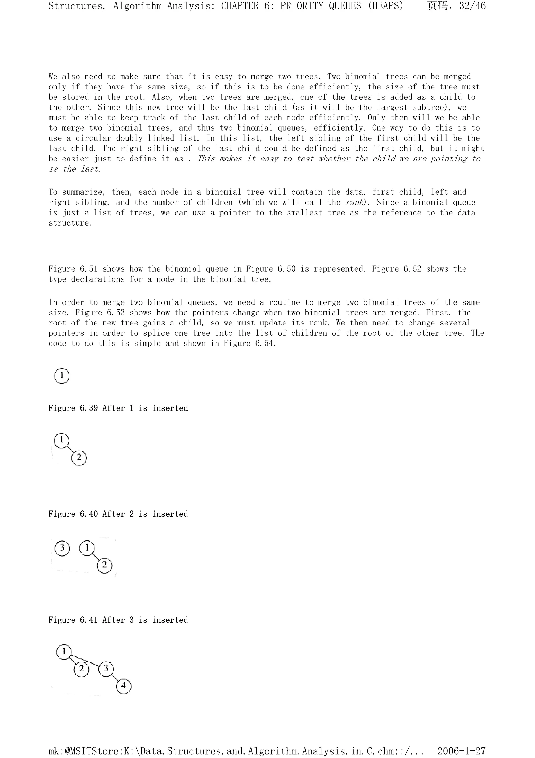 We also need to make sure that it is easy to merge two trees. Two binomial trees can be merged
only if they have the same size, so if this is to be done efficiently, the size of the tree must
be stored in the root. Also, when two trees are merged, one of the trees is added as a child to
the other. Since this new tree will be the last child (as it will be the largest subtree), we
must be able to keep track of the last child of each node efficiently. Only then will we be able
to merge two binomial trees, and thus two binomial queues, efficiently. One way to do this is to
use a circular doubly linked list. In this list, the left sibling of the first child will be the
last child. The right sibling of the last child could be defined as the first child, but it might
be easier just to define it as . This makes it easy to test whether the child we are pointing to
is the last.
To summarize, then, each node in a binomial tree will contain the data, first child, left and
right sibling, and the number of children (which we will call the rank). Since a binomial queue
is just a list of trees, we can use a pointer to the smallest tree as the reference to the data
structure.
Figure 6.51 shows how the binomial queue in Figure 6.50 is represented. Figure 6.52 shows the
type declarations for a node in the binomial tree.
In order to merge two binomial queues, we need a routine to merge two binomial trees of the same
size. Figure 6.53 shows how the pointers change when two binomial trees are merged. First, the
root of the new tree gains a child, so we must update its rank. We then need to change several
pointers in order to splice one tree into the list of children of the root of the other tree. The
code to do this is simple and shown in Figure 6.54.
Figure 6.39 After 1 is inserted
Figure 6.40 After 2 is inserted
Figure 6.41 After 3 is inserted
页码，32/46
Structures, Algorithm Analysis: CHAPTER 6: PRIORITY QUEUES (HEAPS)
2006-1-27
mk:@MSITStore:K:Data.Structures.and.Algorithm.Analysis.in.C.chm::/...
 