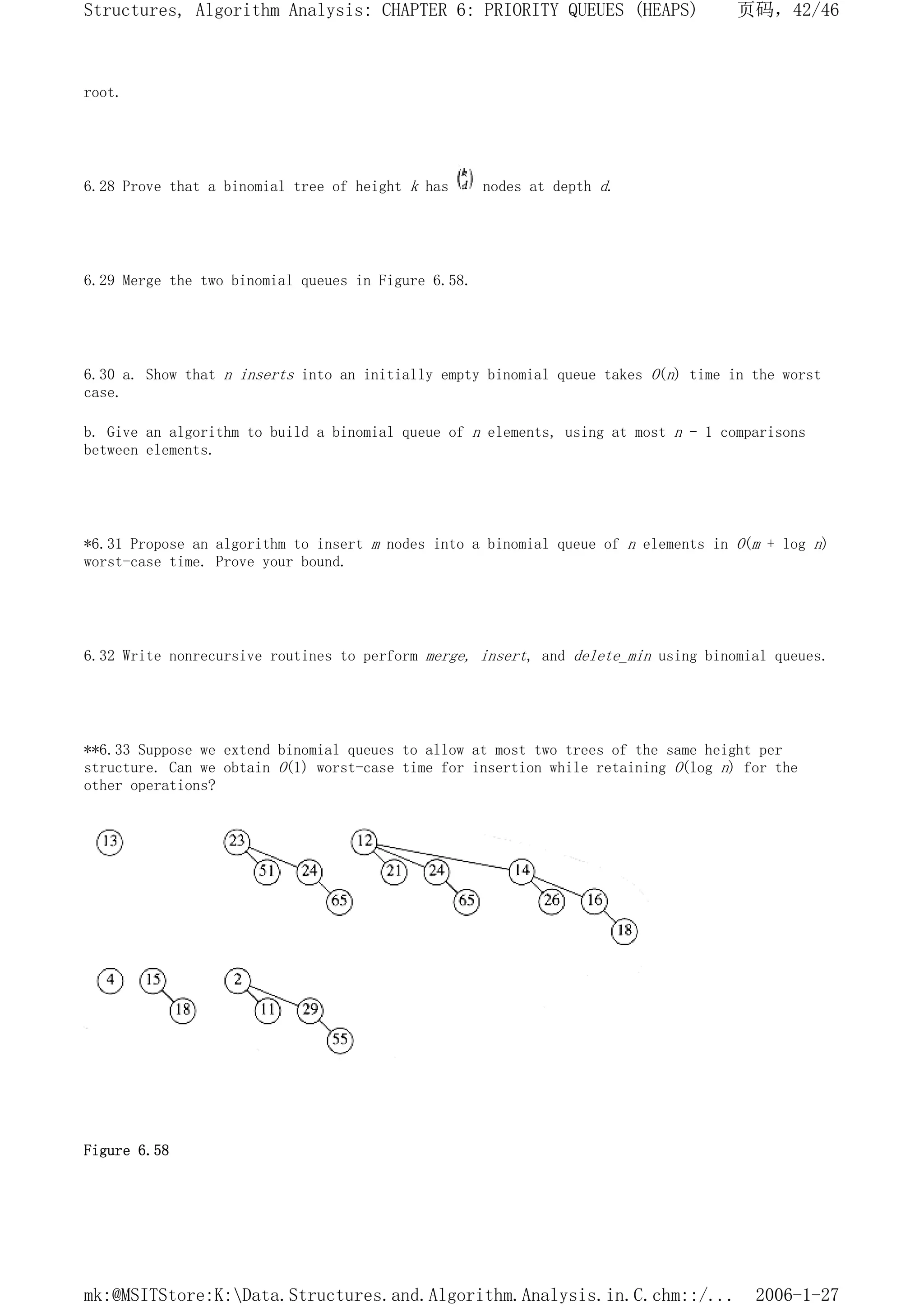 root.
6.28 Prove that a binomial tree of height k has nodes at depth d.
6.29 Merge the two binomial queues in Figure 6.58.
6.30 a. Show that n inserts into an initially empty binomial queue takes O(n) time in the worst
case.
b. Give an algorithm to build a binomial queue of n elements, using at most n - 1 comparisons
between elements.
*6.31 Propose an algorithm to insert m nodes into a binomial queue of n elements in O(m + log n)
worst-case time. Prove your bound.
6.32 Write nonrecursive routines to perform merge, insert, and delete_min using binomial queues.
**6.33 Suppose we extend binomial queues to allow at most two trees of the same height per
structure. Can we obtain O(1) worst-case time for insertion while retaining O(log n) for the
other operations?
Figure 6.58
页码，42/46
Structures, Algorithm Analysis: CHAPTER 6: PRIORITY QUEUES (HEAPS)
2006-1-27
mk:@MSITStore:K:Data.Structures.and.Algorithm.Analysis.in.C.chm::/...
 