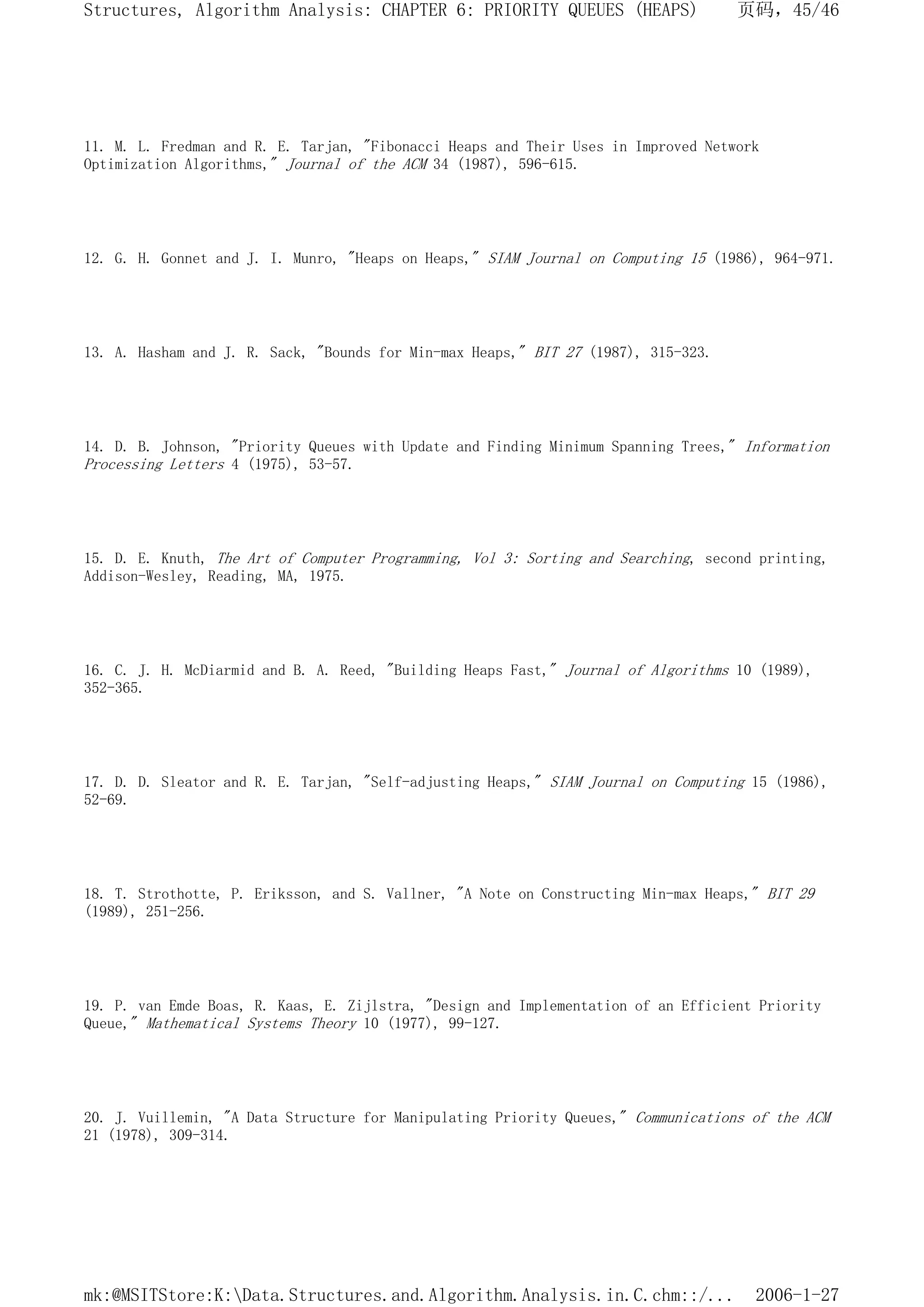 11. M. L. Fredman and R. E. Tarjan, "Fibonacci Heaps and Their Uses in Improved Network
Optimization Algorithms," Journal of the ACM 34 (1987), 596-615.
12. G. H. Gonnet and J. I. Munro, "Heaps on Heaps," SIAM Journal on Computing 15 (1986), 964-971.
13. A. Hasham and J. R. Sack, "Bounds for Min-max Heaps," BIT 27 (1987), 315-323.
14. D. B. Johnson, "Priority Queues with Update and Finding Minimum Spanning Trees," Information
Processing Letters 4 (1975), 53-57.
15. D. E. Knuth, The Art of Computer Programming, Vol 3: Sorting and Searching, second printing,
Addison-Wesley, Reading, MA, 1975.
16. C. J. H. McDiarmid and B. A. Reed, "Building Heaps Fast," Journal of Algorithms 10 (1989),
352-365.
17. D. D. Sleator and R. E. Tarjan, "Self-adjusting Heaps," SIAM Journal on Computing 15 (1986),
52-69.
18. T. Strothotte, P. Eriksson, and S. Vallner, "A Note on Constructing Min-max Heaps," BIT 29
(1989), 251-256.
19. P. van Emde Boas, R. Kaas, E. Zijlstra, "Design and Implementation of an Efficient Priority
Queue," Mathematical Systems Theory 10 (1977), 99-127.
20. J. Vuillemin, "A Data Structure for Manipulating Priority Queues," Communications of the ACM
21 (1978), 309-314.
页码，45/46
Structures, Algorithm Analysis: CHAPTER 6: PRIORITY QUEUES (HEAPS)
2006-1-27
mk:@MSITStore:K:Data.Structures.and.Algorithm.Analysis.in.C.chm::/...
 