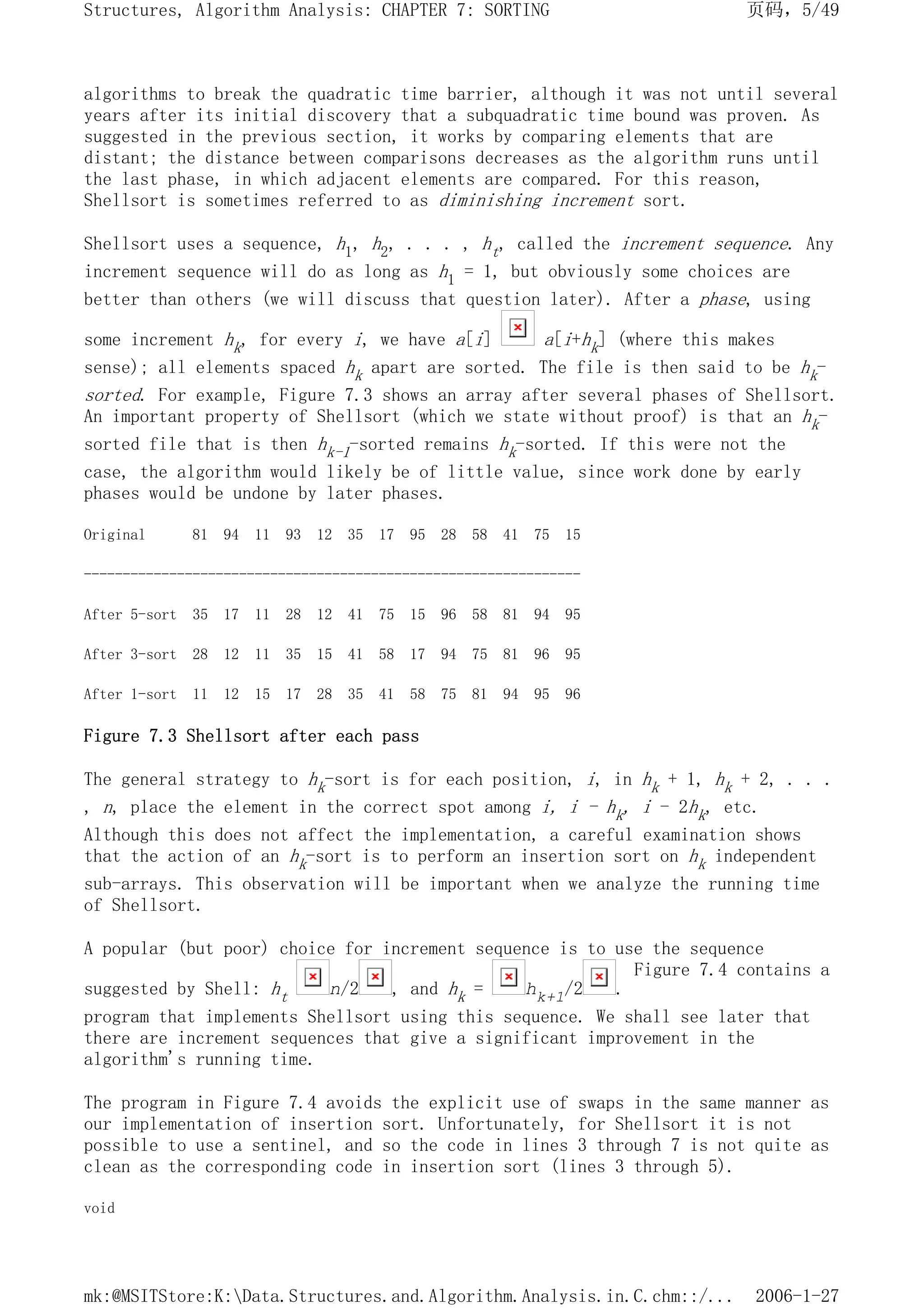 algorithms to break the quadratic time barrier, although it was not until several
years after its initial discovery that a subquadratic time bound was proven. As
suggested in the previous section, it works by comparing elements that are
distant; the distance between comparisons decreases as the algorithm runs until
the last phase, in which adjacent elements are compared. For this reason,
Shellsort is sometimes referred to as diminishing increment sort.
Shellsort uses a sequence, h1, h2, . . . , ht, called the increment sequence. Any
increment sequence will do as long as h1 = 1, but obviously some choices are
better than others (we will discuss that question later). After a phase, using
some increment hk, for every i, we have a[i] a[i+hk] (where this makes
sense); all elements spaced hk apart are sorted. The file is then said to be hk-
sorted. For example, Figure 7.3 shows an array after several phases of Shellsort.
An important property of Shellsort (which we state without proof) is that an hk-
sorted file that is then hk-1-sorted remains hk-sorted. If this were not the
case, the algorithm would likely be of little value, since work done by early
phases would be undone by later phases.
Original 81 94 11 93 12 35 17 95 28 58 41 75 15
----------------------------------------------------------------
After 5-sort 35 17 11 28 12 41 75 15 96 58 81 94 95
After 3-sort 28 12 11 35 15 41 58 17 94 75 81 96 95
After 1-sort 11 12 15 17 28 35 41 58 75 81 94 95 96
Figure 7.3 Shellsort after each pass
The general strategy to hk-sort is for each position, i, in hk + 1, hk + 2, . . .
, n, place the element in the correct spot among i, i - hk, i - 2hk, etc.
Although this does not affect the implementation, a careful examination shows
that the action of an hk-sort is to perform an insertion sort on hk independent
sub-arrays. This observation will be important when we analyze the running time
of Shellsort.
A popular (but poor) choice for increment sequence is to use the sequence
suggested by Shell: ht n/2 , and hk = hk+1/2 .
Figure 7.4 contains a
program that implements Shellsort using this sequence. We shall see later that
there are increment sequences that give a significant improvement in the
algorithm's running time.
The program in Figure 7.4 avoids the explicit use of swaps in the same manner as
our implementation of insertion sort. Unfortunately, for Shellsort it is not
possible to use a sentinel, and so the code in lines 3 through 7 is not quite as
clean as the corresponding code in insertion sort (lines 3 through 5).
void
页码，5/49
Structures, Algorithm Analysis: CHAPTER 7: SORTING
2006-1-27
mk:@MSITStore:K:Data.Structures.and.Algorithm.Analysis.in.C.chm::/...
 