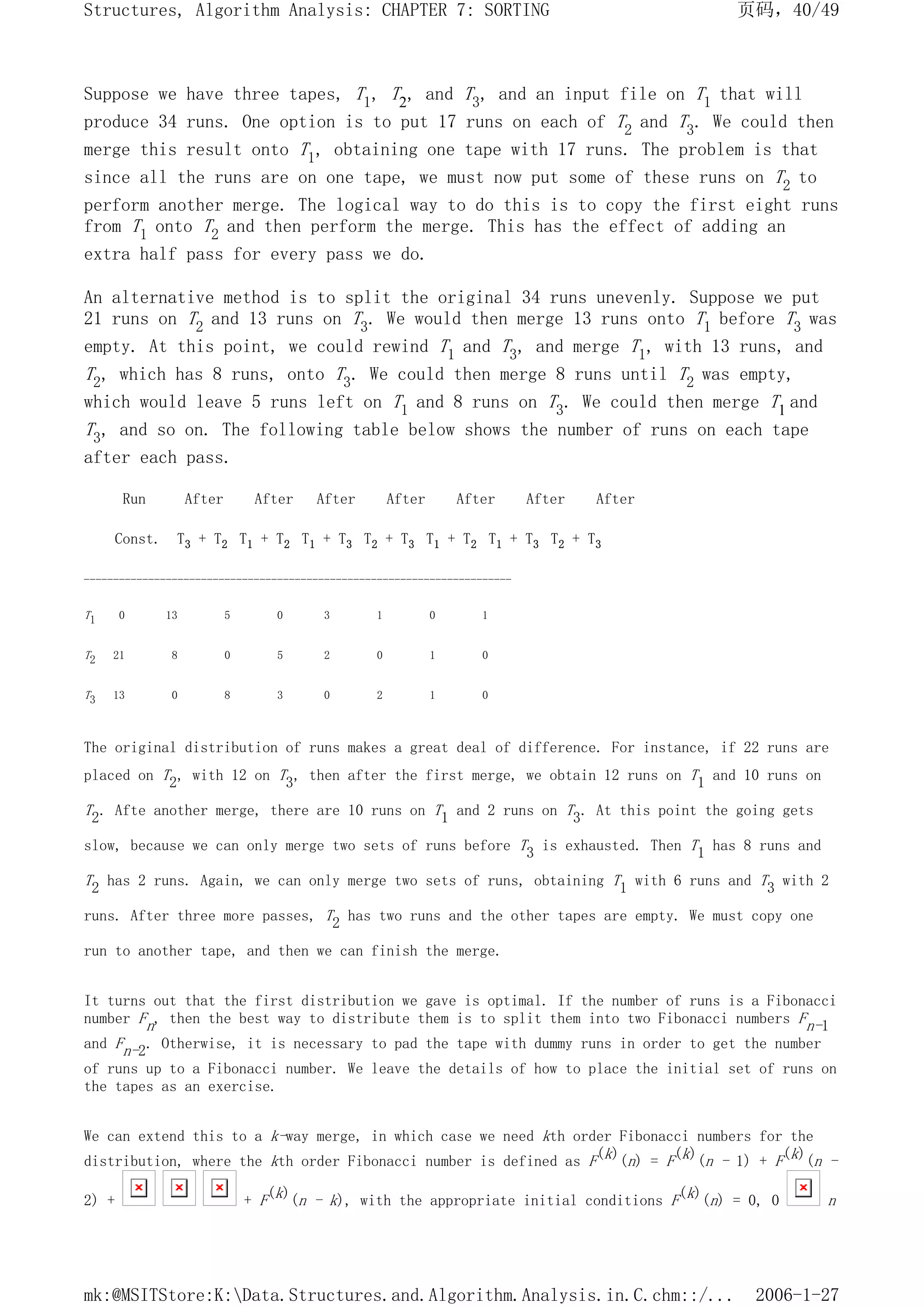 Suppose we have three tapes, T1, T2, and T3, and an input file on T1 that will
produce 34 runs. One option is to put 17 runs on each of T2 and T3. We could then
merge this result onto T1, obtaining one tape with 17 runs. The problem is that
since all the runs are on one tape, we must now put some of these runs on T2 to
perform another merge. The logical way to do this is to copy the first eight runs
from T1 onto T2 and then perform the merge. This has the effect of adding an
extra half pass for every pass we do.
An alternative method is to split the original 34 runs unevenly. Suppose we put
21 runs on T2 and 13 runs on T3. We would then merge 13 runs onto T1 before T3 was
empty. At this point, we could rewind T1 and T3, and merge T1, with 13 runs, and
T2, which has 8 runs, onto T3. We could then merge 8 runs until T2 was empty,
which would leave 5 runs left on T1 and 8 runs on T3. We could then merge T1 and
T3, and so on. The following table below shows the number of runs on each tape
after each pass.
Run After After After After After After After
Const. T3 + T2 T1 + T2 T1 + T3 T2 + T3 T1 + T2 T1 + T3 T2 + T3
-------------------------------------------------------------------------
T1 0 13 5 0 3 1 0 1
T2 21 8 0 5 2 0 1 0
T3 13 0 8 3 0 2 1 0
The original distribution of runs makes a great deal of difference. For instance, if 22 runs are
placed on T2, with 12 on T3, then after the first merge, we obtain 12 runs on T1 and 10 runs on
T2. Afte another merge, there are 10 runs on T1 and 2 runs on T3. At this point the going gets
slow, because we can only merge two sets of runs before T3 is exhausted. Then T1 has 8 runs and
T2 has 2 runs. Again, we can only merge two sets of runs, obtaining T1 with 6 runs and T3 with 2
runs. After three more passes, T2 has two runs and the other tapes are empty. We must copy one
run to another tape, and then we can finish the merge.
It turns out that the first distribution we gave is optimal. If the number of runs is a Fibonacci
number Fn, then the best way to distribute them is to split them into two Fibonacci numbers Fn-1
and Fn-2. Otherwise, it is necessary to pad the tape with dummy runs in order to get the number
of runs up to a Fibonacci number. We leave the details of how to place the initial set of runs on
the tapes as an exercise.
We can extend this to a k-way merge, in which case we need kth order Fibonacci numbers for the
distribution, where the kth order Fibonacci number is defined as F(k)(n) = F(k)(n - 1) + F(k)(n -
2) + + F(k)(n - k), with the appropriate initial conditions F(k)(n) = 0, 0 n
页码，40/49
Structures, Algorithm Analysis: CHAPTER 7: SORTING
2006-1-27
mk:@MSITStore:K:Data.Structures.and.Algorithm.Analysis.in.C.chm::/...
 