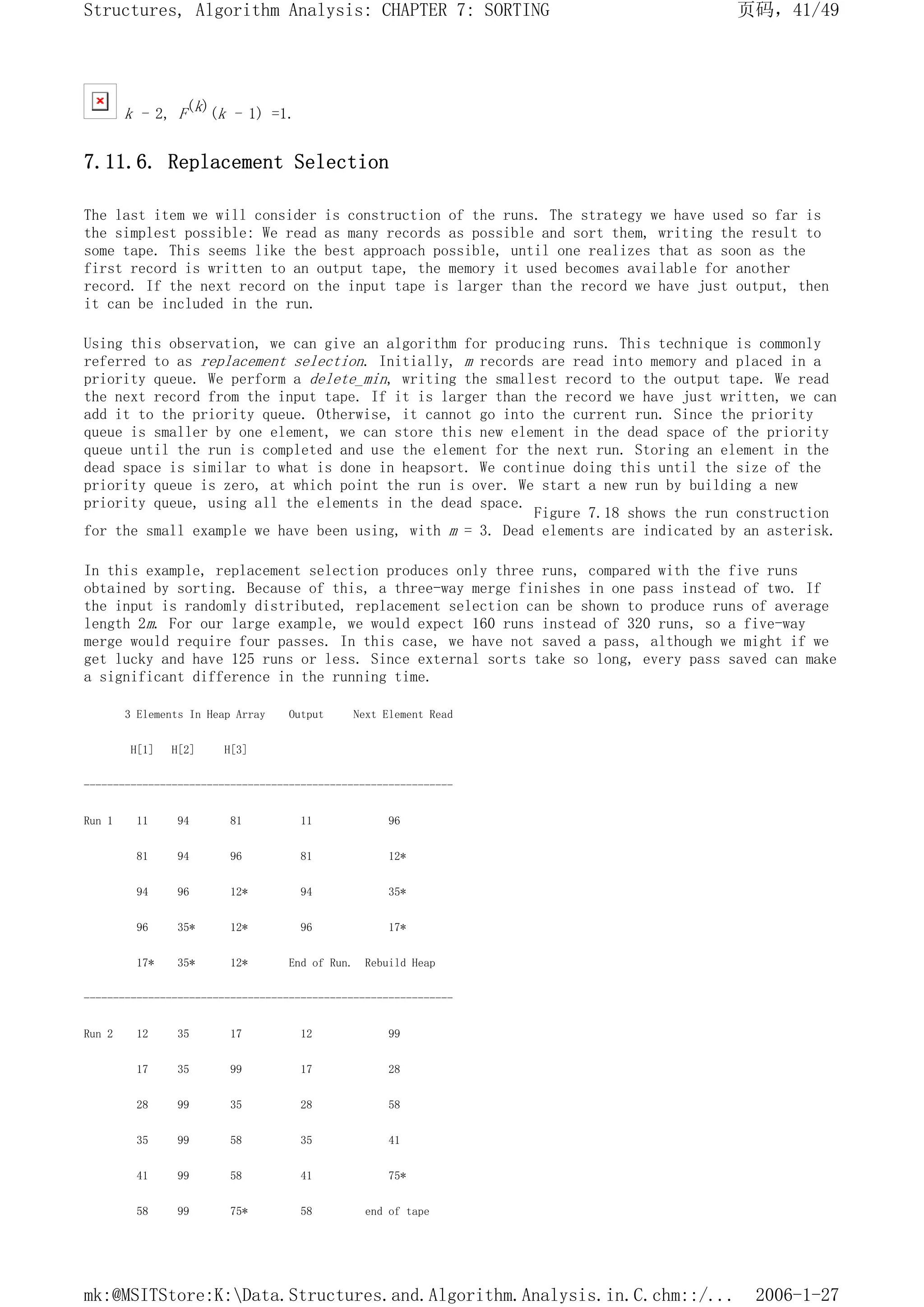 k - 2, F(k)(k - 1) =1.
7.11.6. Replacement Selection
The last item we will consider is construction of the runs. The strategy we have used so far is
the simplest possible: We read as many records as possible and sort them, writing the result to
some tape. This seems like the best approach possible, until one realizes that as soon as the
first record is written to an output tape, the memory it used becomes available for another
record. If the next record on the input tape is larger than the record we have just output, then
it can be included in the run.
Using this observation, we can give an algorithm for producing runs. This technique is commonly
referred to as replacement selection. Initially, m records are read into memory and placed in a
priority queue. We perform a delete_min, writing the smallest record to the output tape. We read
the next record from the input tape. If it is larger than the record we have just written, we can
add it to the priority queue. Otherwise, it cannot go into the current run. Since the priority
queue is smaller by one element, we can store this new element in the dead space of the priority
queue until the run is completed and use the element for the next run. Storing an element in the
dead space is similar to what is done in heapsort. We continue doing this until the size of the
priority queue is zero, at which point the run is over. We start a new run by building a new
priority queue, using all the elements in the dead space.
Figure 7.18 shows the run construction
for the small example we have been using, with m = 3. Dead elements are indicated by an asterisk.
In this example, replacement selection produces only three runs, compared with the five runs
obtained by sorting. Because of this, a three-way merge finishes in one pass instead of two. If
the input is randomly distributed, replacement selection can be shown to produce runs of average
length 2m. For our large example, we would expect 160 runs instead of 320 runs, so a five-way
merge would require four passes. In this case, we have not saved a pass, although we might if we
get lucky and have 125 runs or less. Since external sorts take so long, every pass saved can make
a significant difference in the running time.
3 Elements In Heap Array Output Next Element Read
H[1] H[2] H[3]
---------------------------------------------------------------
Run 1 11 94 81 11 96
81 94 96 81 12*
94 96 12* 94 35*
96 35* 12* 96 17*
17* 35* 12* End of Run. Rebuild Heap
---------------------------------------------------------------
Run 2 12 35 17 12 99
17 35 99 17 28
28 99 35 28 58
35 99 58 35 41
41 99 58 41 75*
58 99 75* 58 end of tape
页码，41/49
Structures, Algorithm Analysis: CHAPTER 7: SORTING
2006-1-27
mk:@MSITStore:K:Data.Structures.and.Algorithm.Analysis.in.C.chm::/...
 