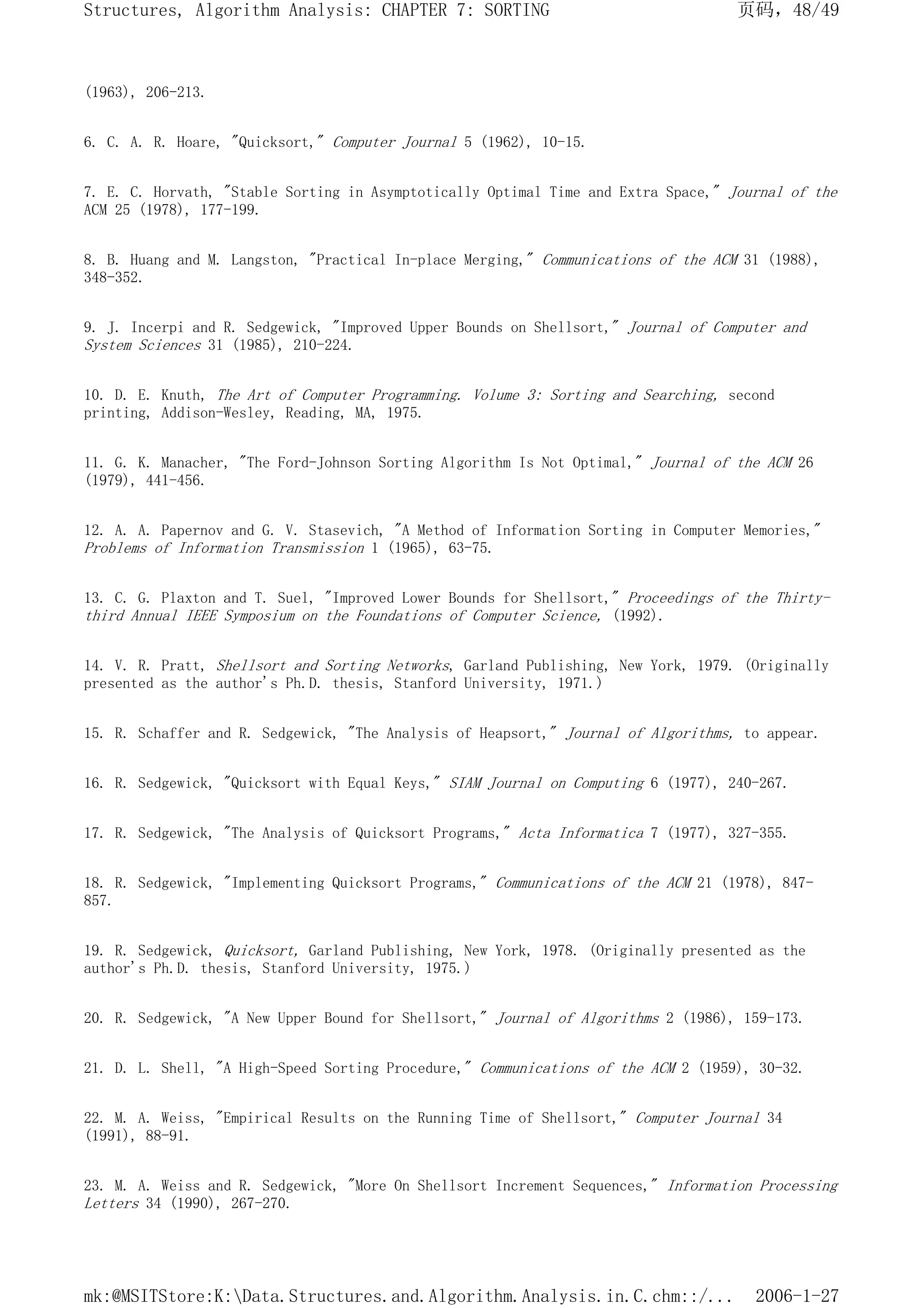 (1963), 206-213.
6. C. A. R. Hoare, "Quicksort," Computer Journal 5 (1962), 10-15.
7. E. C. Horvath, "Stable Sorting in Asymptotically Optimal Time and Extra Space," Journal of the
ACM 25 (1978), 177-199.
8. B. Huang and M. Langston, "Practical In-place Merging," Communications of the ACM 31 (1988),
348-352.
9. J. Incerpi and R. Sedgewick, "Improved Upper Bounds on Shellsort," Journal of Computer and
System Sciences 31 (1985), 210-224.
10. D. E. Knuth, The Art of Computer Programming. Volume 3: Sorting and Searching, second
printing, Addison-Wesley, Reading, MA, 1975.
11. G. K. Manacher, "The Ford-Johnson Sorting Algorithm Is Not Optimal," Journal of the ACM 26
(1979), 441-456.
12. A. A. Papernov and G. V. Stasevich, "A Method of Information Sorting in Computer Memories,"
Problems of Information Transmission 1 (1965), 63-75.
13. C. G. Plaxton and T. Suel, "Improved Lower Bounds for Shellsort," Proceedings of the Thirty-
third Annual IEEE Symposium on the Foundations of Computer Science, (1992).
14. V. R. Pratt, Shellsort and Sorting Networks, Garland Publishing, New York, 1979. (Originally
presented as the author's Ph.D. thesis, Stanford University, 1971.)
15. R. Schaffer and R. Sedgewick, "The Analysis of Heapsort," Journal of Algorithms, to appear.
16. R. Sedgewick, "Quicksort with Equal Keys," SIAM Journal on Computing 6 (1977), 240-267.
17. R. Sedgewick, "The Analysis of Quicksort Programs," Acta Informatica 7 (1977), 327-355.
18. R. Sedgewick, "Implementing Quicksort Programs," Communications of the ACM 21 (1978), 847-
857.
19. R. Sedgewick, Quicksort, Garland Publishing, New York, 1978. (Originally presented as the
author's Ph.D. thesis, Stanford University, 1975.)
20. R. Sedgewick, "A New Upper Bound for Shellsort," Journal of Algorithms 2 (1986), 159-173.
21. D. L. Shell, "A High-Speed Sorting Procedure," Communications of the ACM 2 (1959), 30-32.
22. M. A. Weiss, "Empirical Results on the Running Time of Shellsort," Computer Journal 34
(1991), 88-91.
23. M. A. Weiss and R. Sedgewick, "More On Shellsort Increment Sequences," Information Processing
Letters 34 (1990), 267-270.
页码，48/49
Structures, Algorithm Analysis: CHAPTER 7: SORTING
2006-1-27
mk:@MSITStore:K:Data.Structures.and.Algorithm.Analysis.in.C.chm::/...
 