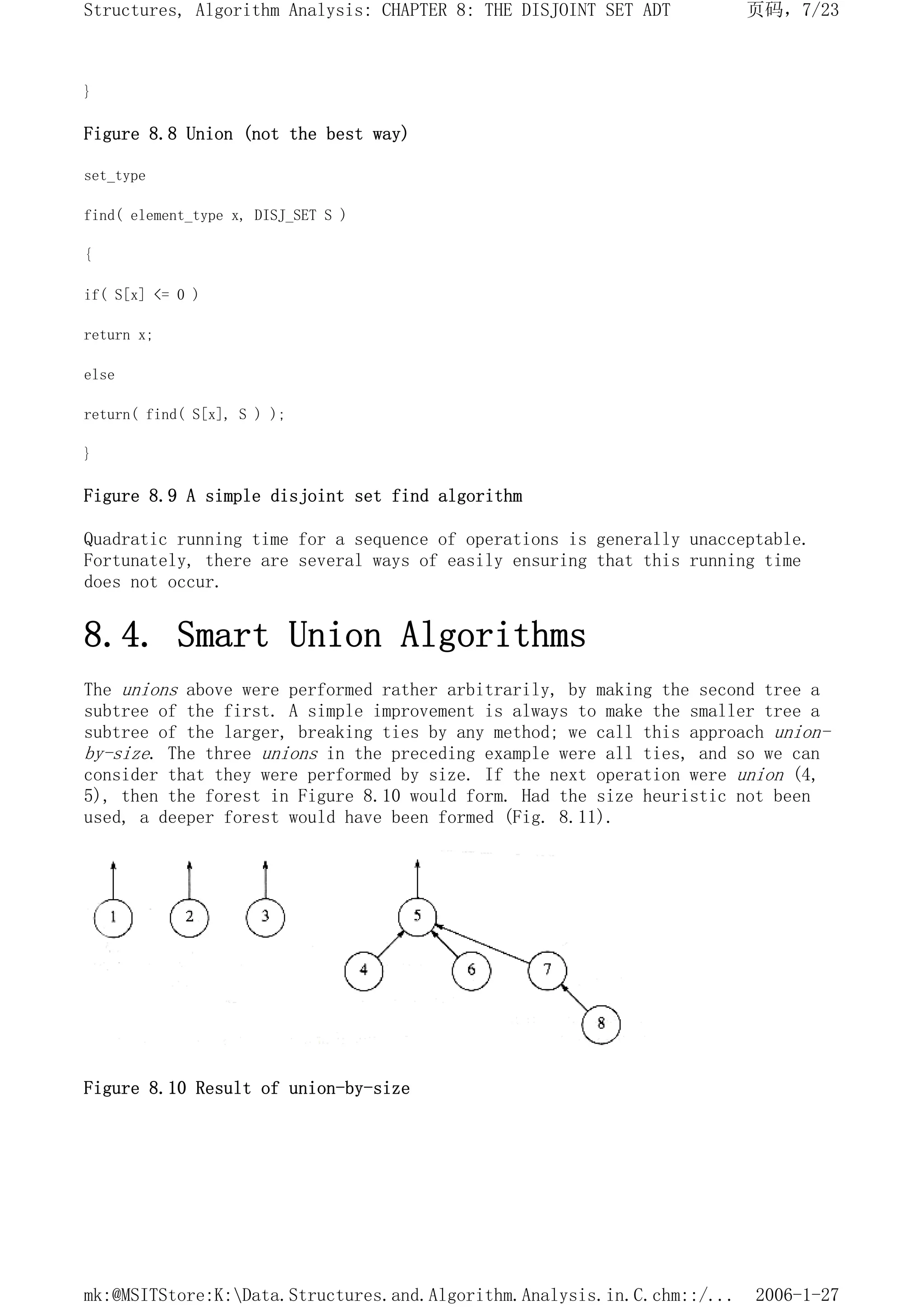 }
Figure 8.8 Union (not the best way)
set_type
find( element_type x, DISJ_SET S )
{
if( S[x] <= 0 )
return x;
else
return( find( S[x], S ) );
}
Figure 8.9 A simple disjoint set find algorithm
Quadratic running time for a sequence of operations is generally unacceptable.
Fortunately, there are several ways of easily ensuring that this running time
does not occur.
8.4. Smart Union Algorithms
The unions above were performed rather arbitrarily, by making the second tree a
subtree of the first. A simple improvement is always to make the smaller tree a
subtree of the larger, breaking ties by any method; we call this approach union-
by-size. The three unions in the preceding example were all ties, and so we can
consider that they were performed by size. If the next operation were union (4,
5), then the forest in Figure 8.10 would form. Had the size heuristic not been
used, a deeper forest would have been formed (Fig. 8.11).
Figure 8.10 Result of union-by-size
页码，7/23
Structures, Algorithm Analysis: CHAPTER 8: THE DISJOINT SET ADT
2006-1-27
mk:@MSITStore:K:Data.Structures.and.Algorithm.Analysis.in.C.chm::/...
 