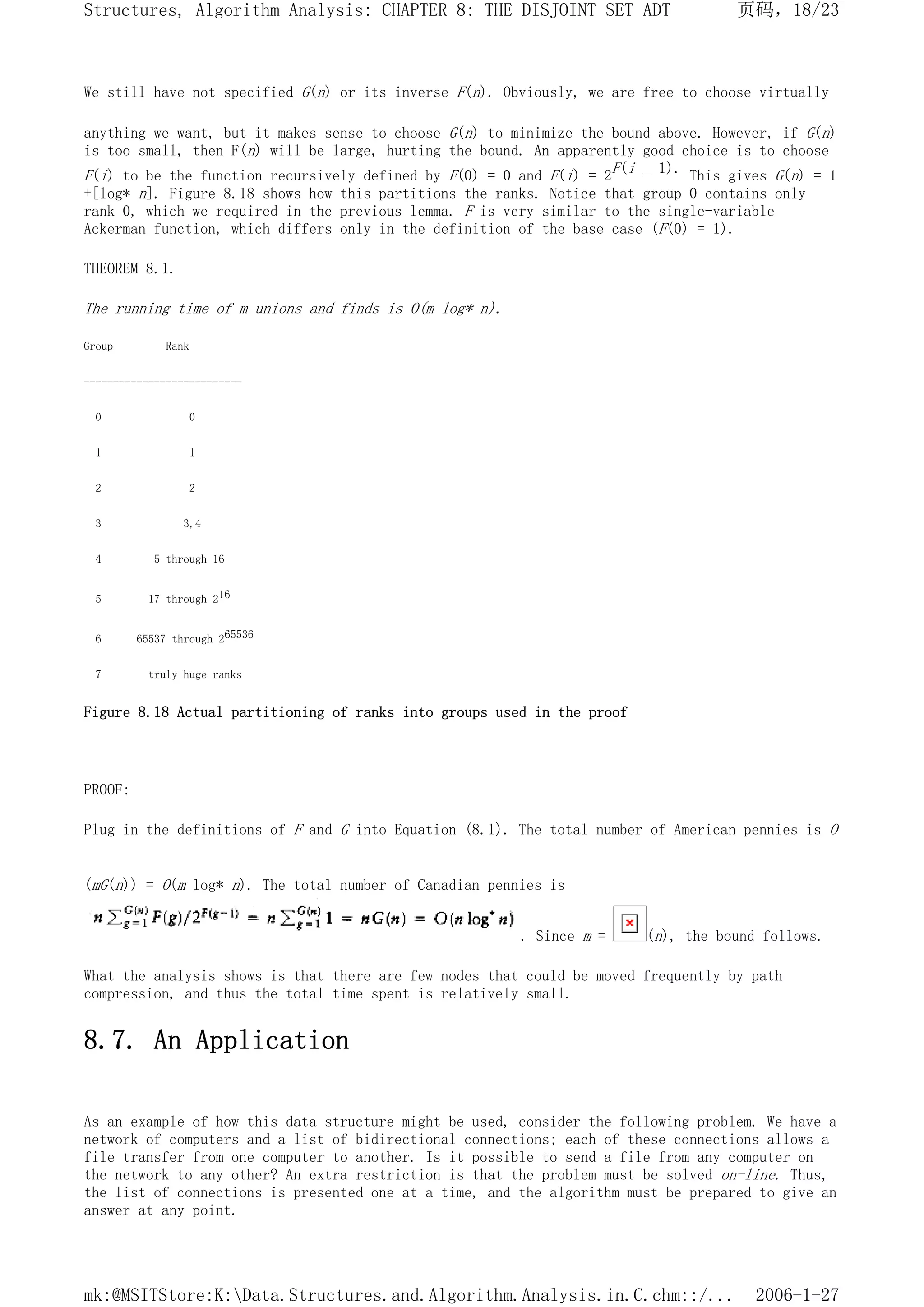 We still have not specified G(n) or its inverse F(n). Obviously, we are free to choose virtually
anything we want, but it makes sense to choose G(n) to minimize the bound above. However, if G(n)
is too small, then F(n) will be large, hurting the bound. An apparently good choice is to choose
F(i) to be the function recursively defined by F(0) = 0 and F(i) = 2F(i - 1). This gives G(n) = 1
+[log* n]. Figure 8.18 shows how this partitions the ranks. Notice that group 0 contains only
rank 0, which we required in the previous lemma. F is very similar to the single-variable
Ackerman function, which differs only in the definition of the base case (F(0) = 1).
THEOREM 8.1.
The running time of m unions and finds is O(m log* n).
Group Rank
---------------------------
0 0
1 1
2 2
3 3,4
4 5 through 16
5 17 through 216
6 65537 through 265536
7 truly huge ranks
Figure 8.18 Actual partitioning of ranks into groups used in the proof
PROOF:
Plug in the definitions of F and G into Equation (8.1). The total number of American pennies is O
(mG(n)) = O(m log* n). The total number of Canadian pennies is
. Since m = (n), the bound follows.
What the analysis shows is that there are few nodes that could be moved frequently by path
compression, and thus the total time spent is relatively small.
8.7. An Application
As an example of how this data structure might be used, consider the following problem. We have a
network of computers and a list of bidirectional connections; each of these connections allows a
file transfer from one computer to another. Is it possible to send a file from any computer on
the network to any other? An extra restriction is that the problem must be solved on-line. Thus,
the list of connections is presented one at a time, and the algorithm must be prepared to give an
answer at any point.
页码，18/23
Structures, Algorithm Analysis: CHAPTER 8: THE DISJOINT SET ADT
2006-1-27
mk:@MSITStore:K:Data.Structures.and.Algorithm.Analysis.in.C.chm::/...
 