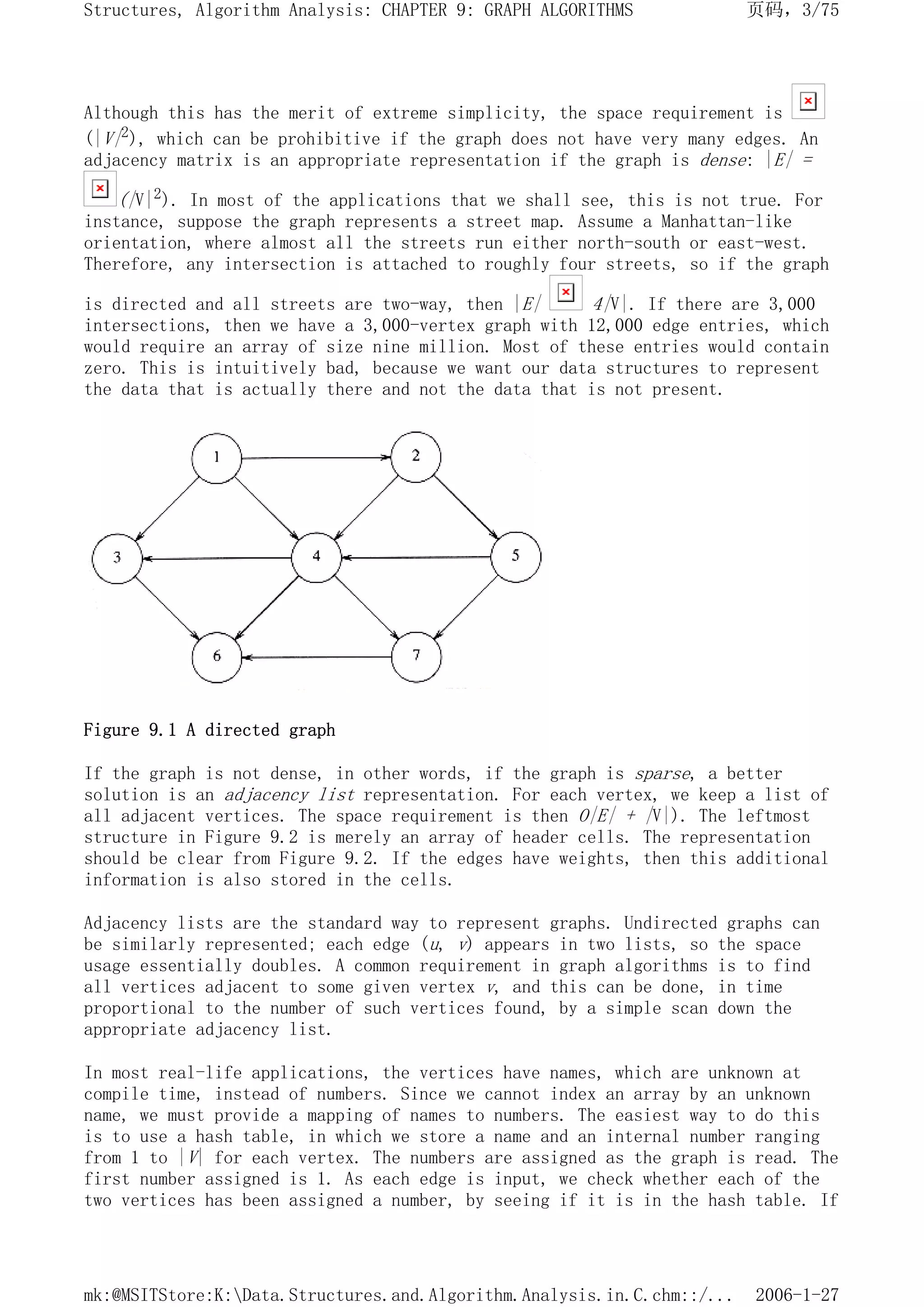 Although this has the merit of extreme simplicity, the space requirement is
(|V|2), which can be prohibitive if the graph does not have very many edges. An
adjacency matrix is an appropriate representation if the graph is dense: |E| =
(|V|2). In most of the applications that we shall see, this is not true. For
instance, suppose the graph represents a street map. Assume a Manhattan-like
orientation, where almost all the streets run either north-south or east-west.
Therefore, any intersection is attached to roughly four streets, so if the graph
is directed and all streets are two-way, then |E| 4|V|. If there are 3,000
intersections, then we have a 3,000-vertex graph with 12,000 edge entries, which
would require an array of size nine million. Most of these entries would contain
zero. This is intuitively bad, because we want our data structures to represent
the data that is actually there and not the data that is not present.
Figure 9.1 A directed graph
If the graph is not dense, in other words, if the graph is sparse, a better
solution is an adjacency list representation. For each vertex, we keep a list of
all adjacent vertices. The space requirement is then O|E| + |V|). The leftmost
structure in Figure 9.2 is merely an array of header cells. The representation
should be clear from Figure 9.2. If the edges have weights, then this additional
information is also stored in the cells.
Adjacency lists are the standard way to represent graphs. Undirected graphs can
be similarly represented; each edge (u, v) appears in two lists, so the space
usage essentially doubles. A common requirement in graph algorithms is to find
all vertices adjacent to some given vertex v, and this can be done, in time
proportional to the number of such vertices found, by a simple scan down the
appropriate adjacency list.
In most real-life applications, the vertices have names, which are unknown at
compile time, instead of numbers. Since we cannot index an array by an unknown
name, we must provide a mapping of names to numbers. The easiest way to do this
is to use a hash table, in which we store a name and an internal number ranging
from 1 to |V| for each vertex. The numbers are assigned as the graph is read. The
first number assigned is 1. As each edge is input, we check whether each of the
two vertices has been assigned a number, by seeing if it is in the hash table. If
页码，3/75
Structures, Algorithm Analysis: CHAPTER 9: GRAPH ALGORITHMS
2006-1-27
mk:@MSITStore:K:Data.Structures.and.Algorithm.Analysis.in.C.chm::/...
 