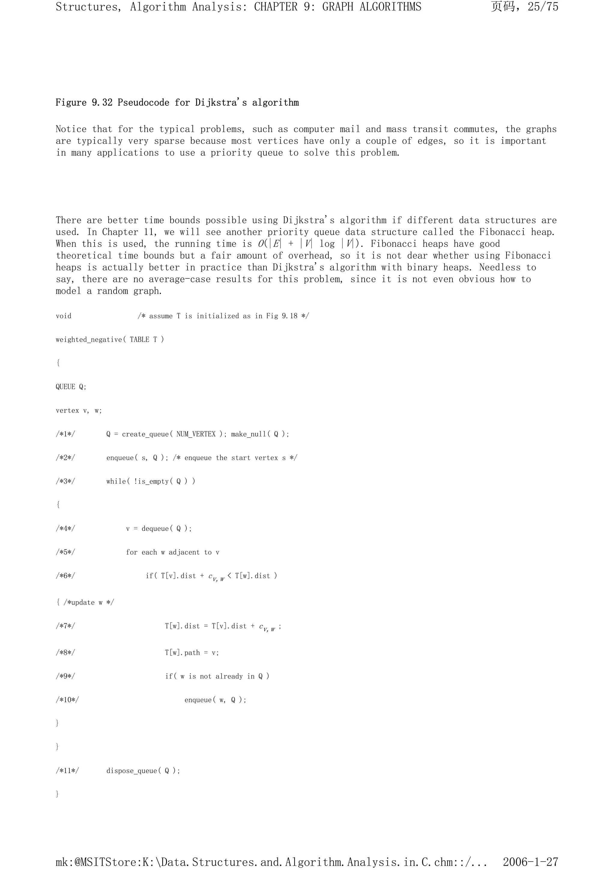 Figure 9.32 Pseudocode for Dijkstra's algorithm
Notice that for the typical problems, such as computer mail and mass transit commutes, the graphs
are typically very sparse because most vertices have only a couple of edges, so it is important
in many applications to use a priority queue to solve this problem.
There are better time bounds possible using Dijkstra's algorithm if different data structures are
used. In Chapter 11, we will see another priority queue data structure called the Fibonacci heap.
When this is used, the running time is O(|E| + |V| log |V|). Fibonacci heaps have good
theoretical time bounds but a fair amount of overhead, so it is not dear whether using Fibonacci
heaps is actually better in practice than Dijkstra's algorithm with binary heaps. Needless to
say, there are no average-case results for this problem, since it is not even obvious how to
model a random graph.
void /* assume T is initialized as in Fig 9.18 */
weighted_negative( TABLE T )
{
QUEUE Q;
vertex v, w;
/*1*/ Q = create_queue( NUM_VERTEX ); make_null( Q );
/*2*/ enqueue( s, Q ); /* enqueue the start vertex s */
/*3*/ while( !is_empty( Q ) )
{
/*4*/ v = dequeue( Q );
/*5*/ for each w adjacent to v
/*6*/ if( T[v].dist + cv,w < T[w].dist )
{ /*update w */
/*7*/ T[w].dist = T[v].dist + cv,w ;
/*8*/ T[w].path = v;
/*9*/ if( w is not already in Q )
/*10*/ enqueue( w, Q );
}
}
/*11*/ dispose_queue( Q );
}
页码，25/75
Structures, Algorithm Analysis: CHAPTER 9: GRAPH ALGORITHMS
2006-1-27
mk:@MSITStore:K:Data.Structures.and.Algorithm.Analysis.in.C.chm::/...
 