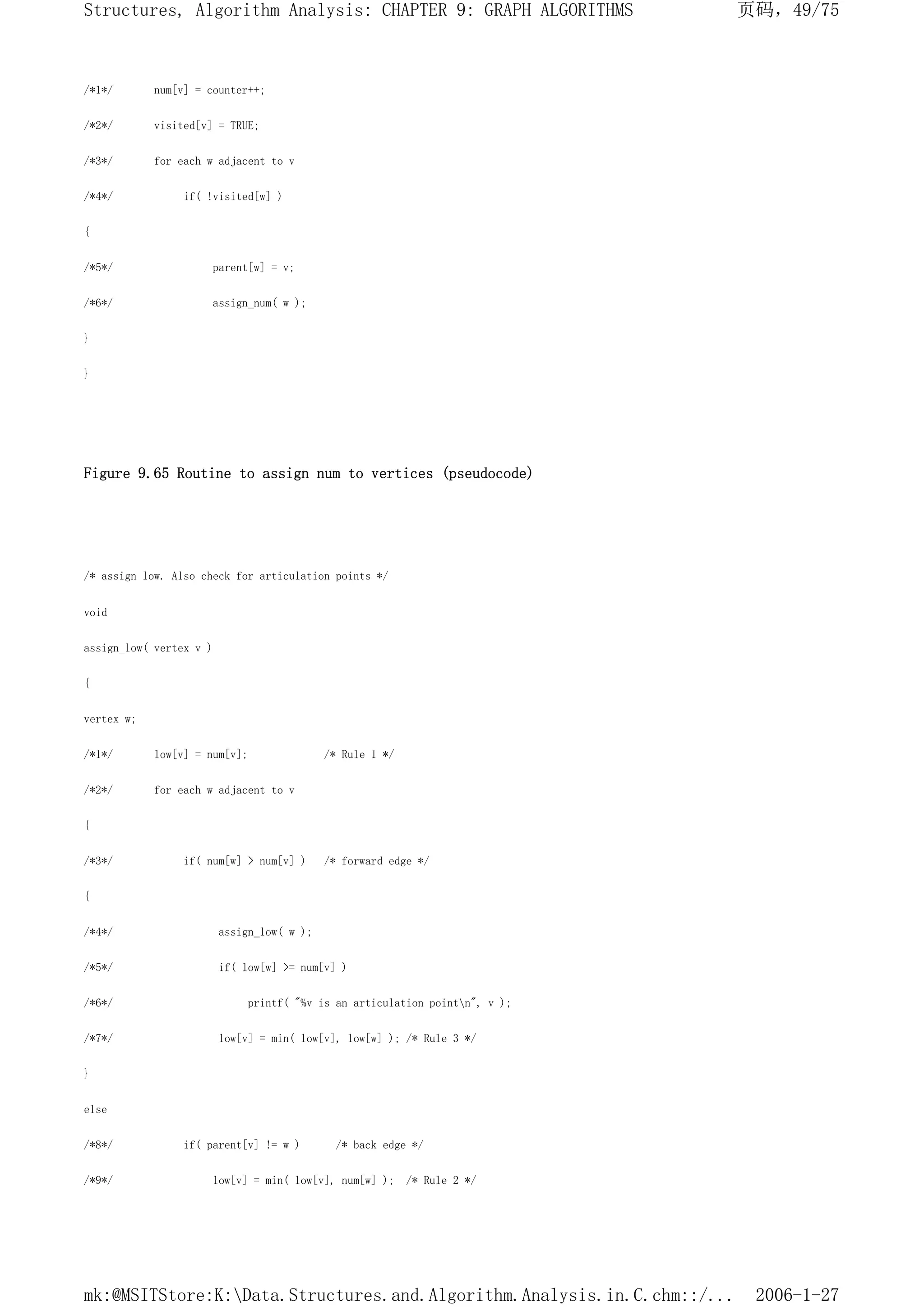 /*1*/ num[v] = counter++;
/*2*/ visited[v] = TRUE;
/*3*/ for each w adjacent to v
/*4*/ if( !visited[w] )
{
/*5*/ parent[w] = v;
/*6*/ assign_num( w );
}
}
Figure 9.65 Routine to assign num to vertices (pseudocode)
/* assign low. Also check for articulation points */
void
assign_low( vertex v )
{
vertex w;
/*1*/ low[v] = num[v]; /* Rule 1 */
/*2*/ for each w adjacent to v
{
/*3*/ if( num[w] > num[v] ) /* forward edge */
{
/*4*/ assign_low( w );
/*5*/ if( low[w] >= num[v] )
/*6*/ printf( "%v is an articulation pointn", v );
/*7*/ low[v] = min( low[v], low[w] ); /* Rule 3 */
}
else
/*8*/ if( parent[v] != w ) /* back edge */
/*9*/ low[v] = min( low[v], num[w] ); /* Rule 2 */
页码，49/75
Structures, Algorithm Analysis: CHAPTER 9: GRAPH ALGORITHMS
2006-1-27
mk:@MSITStore:K:Data.Structures.and.Algorithm.Analysis.in.C.chm::/...
 