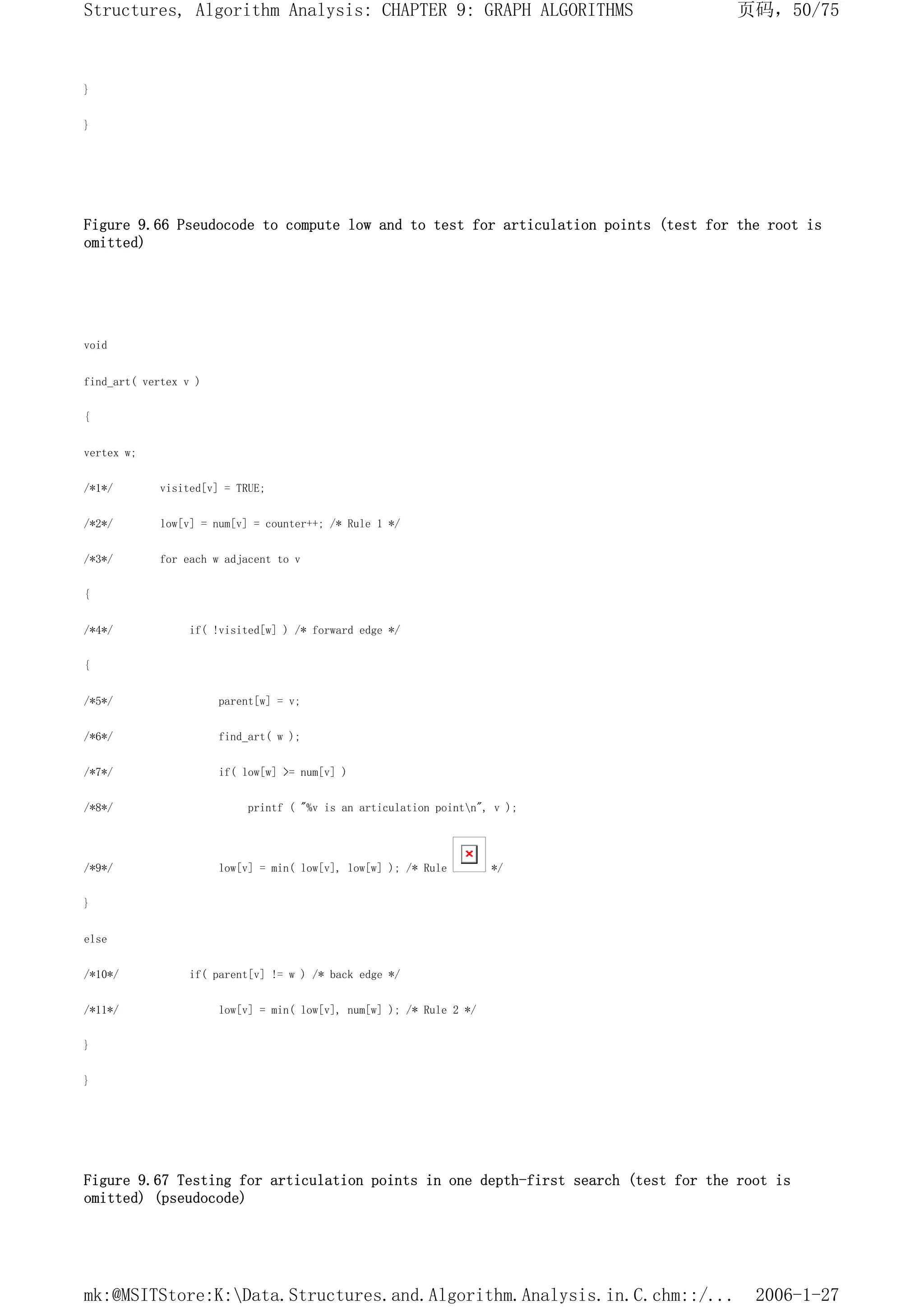 }
}
Figure 9.66 Pseudocode to compute low and to test for articulation points (test for the root is
omitted)
void
find_art( vertex v )
{
vertex w;
/*1*/ visited[v] = TRUE;
/*2*/ low[v] = num[v] = counter++; /* Rule 1 */
/*3*/ for each w adjacent to v
{
/*4*/ if( !visited[w] ) /* forward edge */
{
/*5*/ parent[w] = v;
/*6*/ find_art( w );
/*7*/ if( low[w] >= num[v] )
/*8*/ printf ( "%v is an articulation pointn", v );
/*9*/ low[v] = min( low[v], low[w] ); /* Rule */
}
else
/*10*/ if( parent[v] != w ) /* back edge */
/*11*/ low[v] = min( low[v], num[w] ); /* Rule 2 */
}
}
Figure 9.67 Testing for articulation points in one depth-first search (test for the root is
omitted) (pseudocode)
页码，50/75
Structures, Algorithm Analysis: CHAPTER 9: GRAPH ALGORITHMS
2006-1-27
mk:@MSITStore:K:Data.Structures.and.Algorithm.Analysis.in.C.chm::/...
 