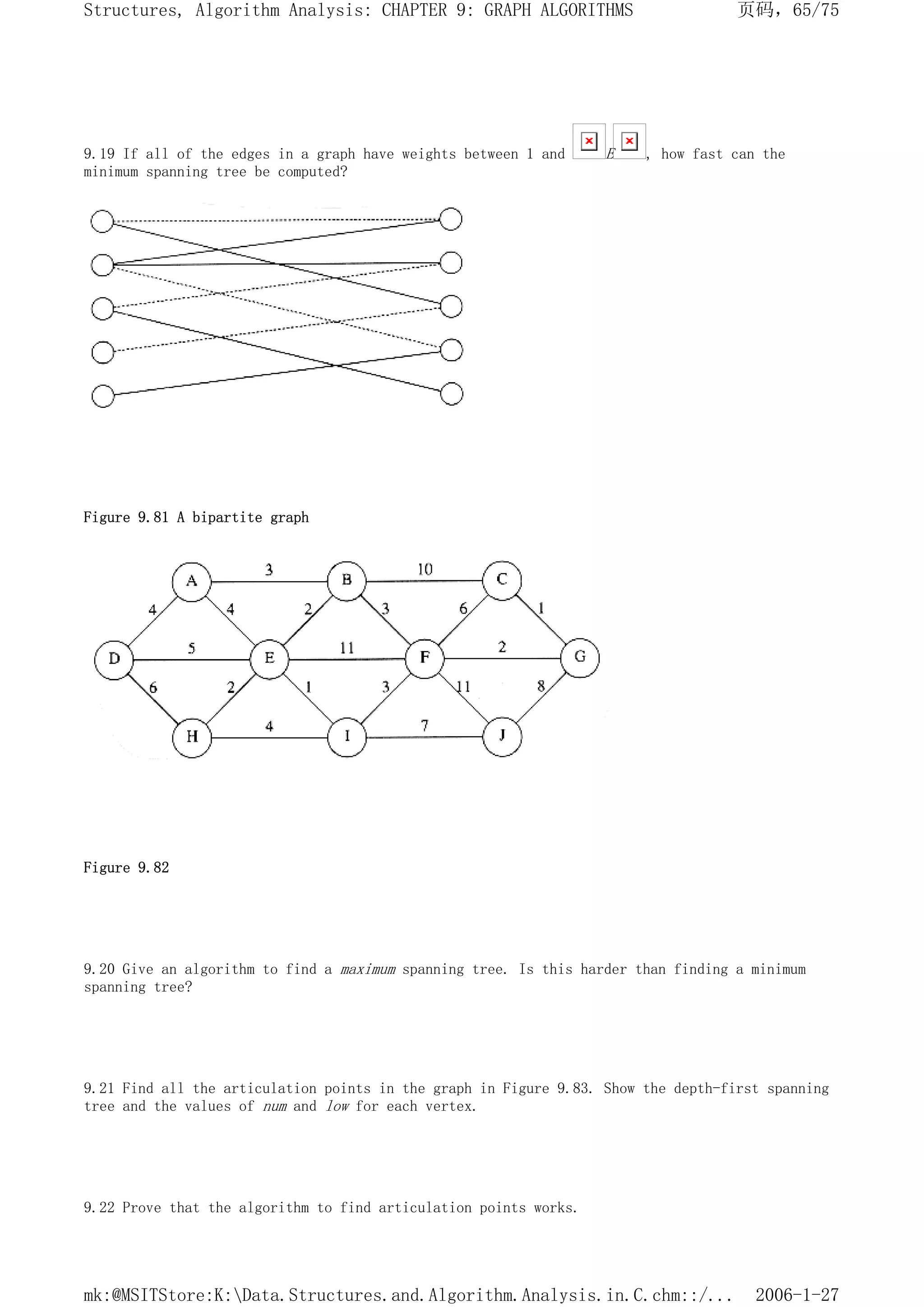 9.19 If all of the edges in a graph have weights between 1 and E , how fast can the
minimum spanning tree be computed?
Figure 9.81 A bipartite graph
Figure 9.82
9.20 Give an algorithm to find a maximum spanning tree. Is this harder than finding a minimum
spanning tree?
9.21 Find all the articulation points in the graph in Figure 9.83. Show the depth-first spanning
tree and the values of num and low for each vertex.
9.22 Prove that the algorithm to find articulation points works.
页码，65/75
Structures, Algorithm Analysis: CHAPTER 9: GRAPH ALGORITHMS
2006-1-27
mk:@MSITStore:K:Data.Structures.and.Algorithm.Analysis.in.C.chm::/...
 