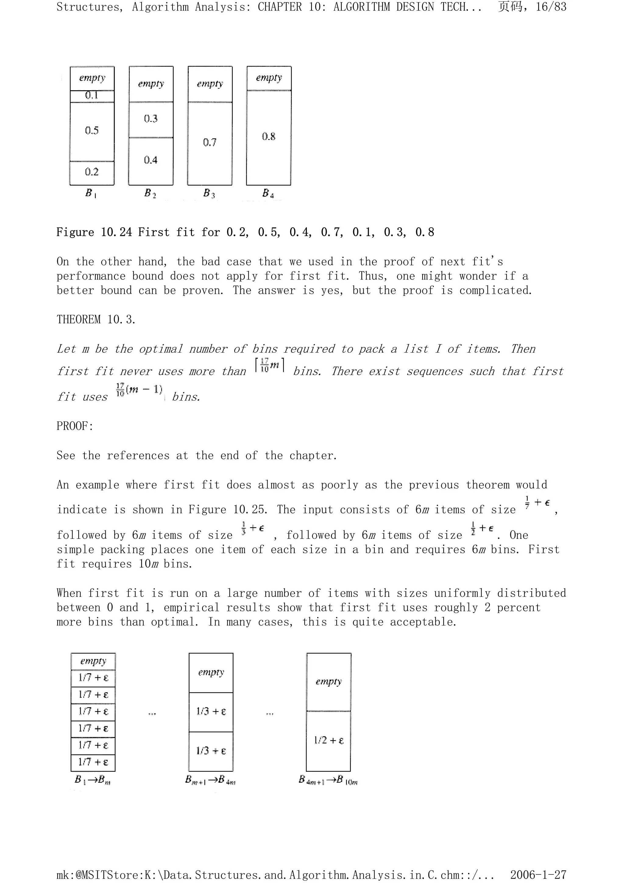 Figure 10.24 First fit for 0.2, 0.5, 0.4, 0.7, 0.1, 0.3, 0.8
On the other hand, the bad case that we used in the proof of next fit's
performance bound does not apply for first fit. Thus, one might wonder if a
better bound can be proven. The answer is yes, but the proof is complicated.
THEOREM 10.3.
Let m be the optimal number of bins required to pack a list I of items. Then
first fit never uses more than bins. There exist sequences such that first
fit uses bins.
PROOF:
See the references at the end of the chapter.
An example where first fit does almost as poorly as the previous theorem would
indicate is shown in Figure 10.25. The input consists of 6m items of size ,
followed by 6m items of size , followed by 6m items of size . One
simple packing places one item of each size in a bin and requires 6m bins. First
fit requires 10m bins.
When first fit is run on a large number of items with sizes uniformly distributed
between 0 and 1, empirical results show that first fit uses roughly 2 percent
more bins than optimal. In many cases, this is quite acceptable.
页码，16/83
Structures, Algorithm Analysis: CHAPTER 10: ALGORITHM DESIGN TECH...
2006-1-27
mk:@MSITStore:K:Data.Structures.and.Algorithm.Analysis.in.C.chm::/...
 