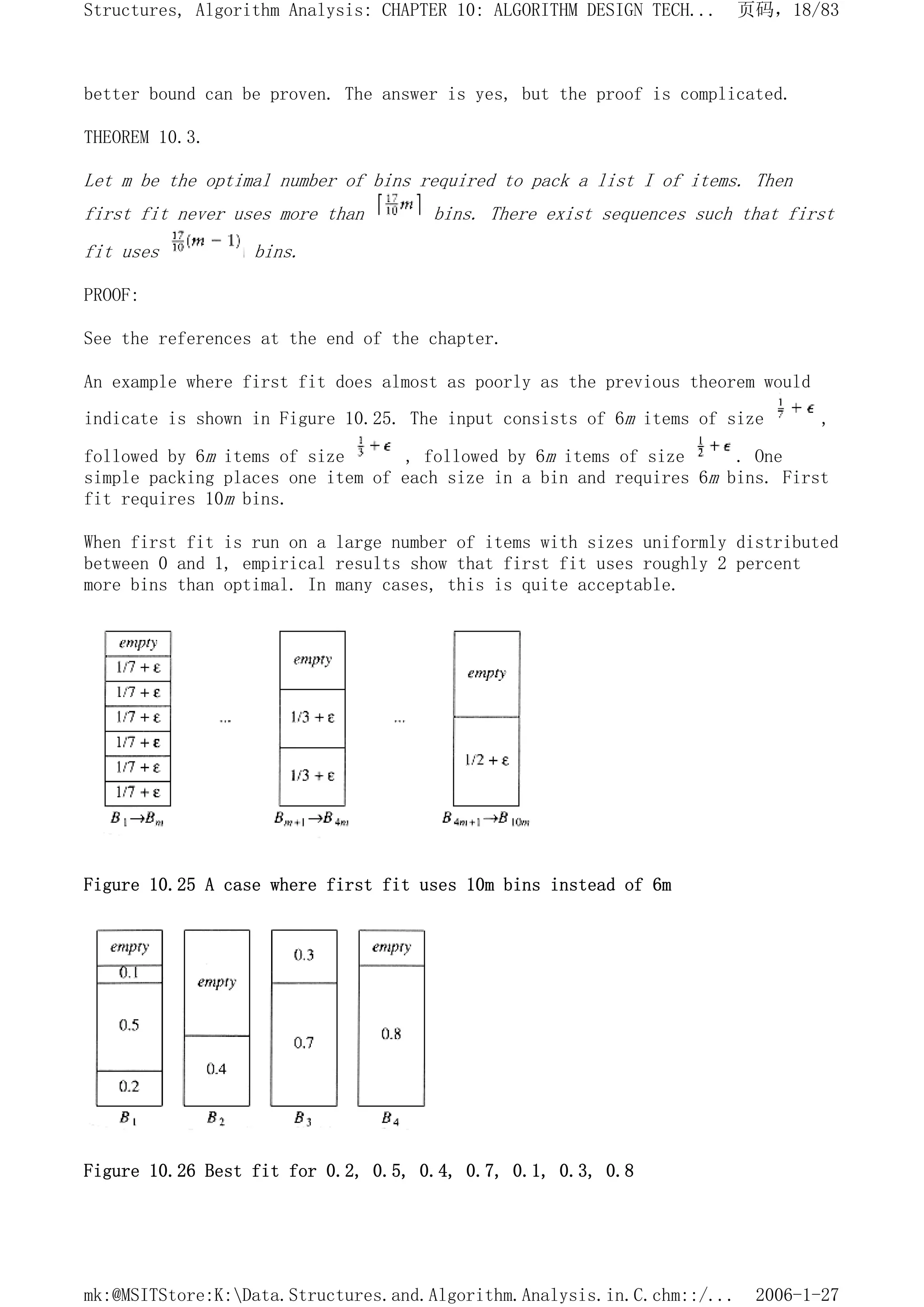 better bound can be proven. The answer is yes, but the proof is complicated.
THEOREM 10.3.
Let m be the optimal number of bins required to pack a list I of items. Then
first fit never uses more than bins. There exist sequences such that first
fit uses bins.
PROOF:
See the references at the end of the chapter.
An example where first fit does almost as poorly as the previous theorem would
indicate is shown in Figure 10.25. The input consists of 6m items of size ,
followed by 6m items of size , followed by 6m items of size . One
simple packing places one item of each size in a bin and requires 6m bins. First
fit requires 10m bins.
When first fit is run on a large number of items with sizes uniformly distributed
between 0 and 1, empirical results show that first fit uses roughly 2 percent
more bins than optimal. In many cases, this is quite acceptable.
Figure 10.25 A case where first fit uses 10m bins instead of 6m
Figure 10.26 Best fit for 0.2, 0.5, 0.4, 0.7, 0.1, 0.3, 0.8
页码，18/83
Structures, Algorithm Analysis: CHAPTER 10: ALGORITHM DESIGN TECH...
2006-1-27
mk:@MSITStore:K:Data.Structures.and.Algorithm.Analysis.in.C.chm::/...
 