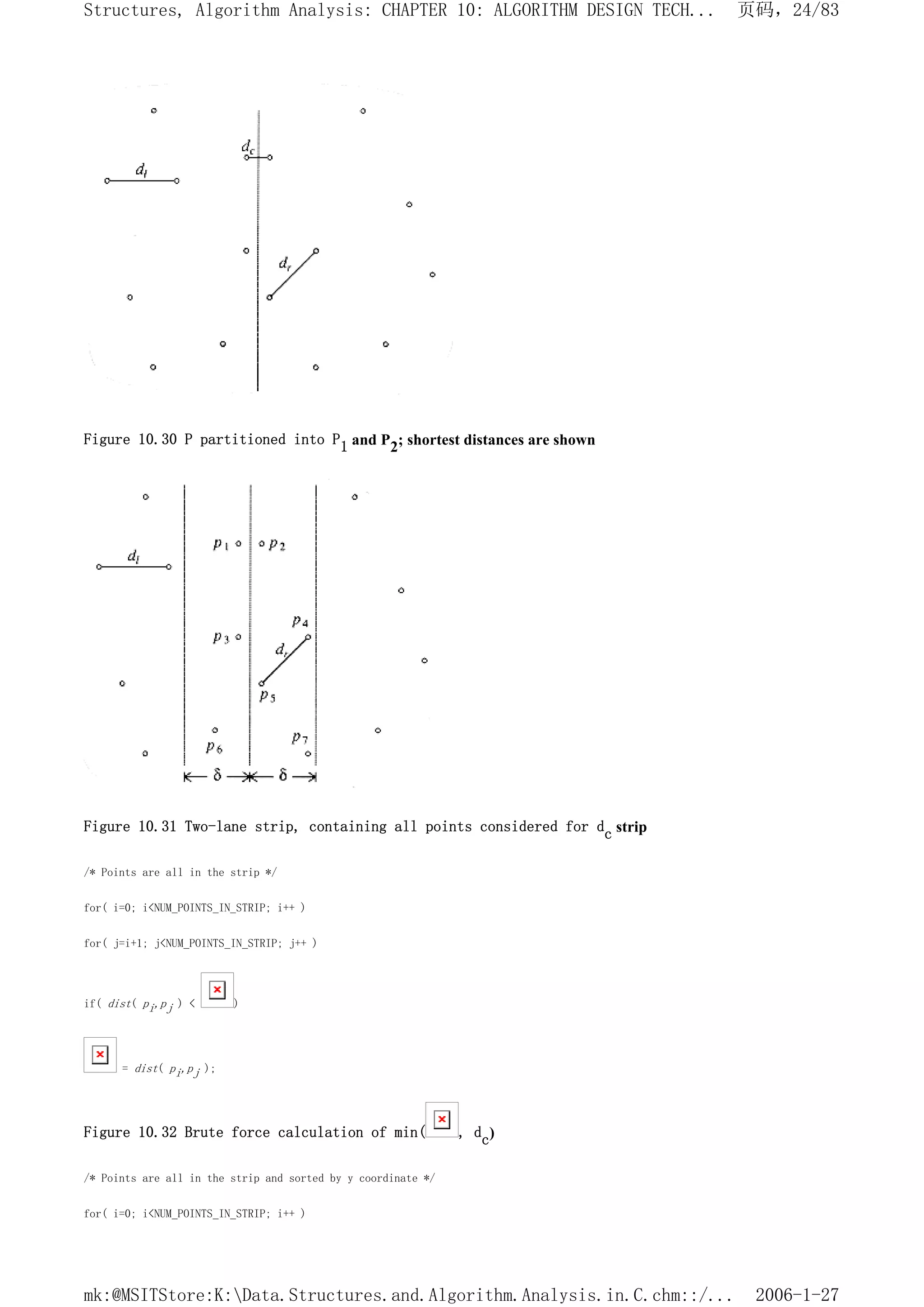 Figure 10.30 P partitioned into P1 and P2; shortest distances are shown
Figure 10.31 Two-lane strip, containing all points considered for dc strip
/* Points are all in the strip */
for( i=0; i<NUM_POINTS_IN_STRIP; i++ )
for( j=i+1; j<NUM_POINTS_IN_STRIP; j++ )
if( dist( pi,pj ) < )
= dist( pi,pj );
Figure 10.32 Brute force calculation of min( , dc)
/* Points are all in the strip and sorted by y coordinate */
for( i=0; i<NUM_POINTS_IN_STRIP; i++ )
页码，24/83
Structures, Algorithm Analysis: CHAPTER 10: ALGORITHM DESIGN TECH...
2006-1-27
mk:@MSITStore:K:Data.Structures.and.Algorithm.Analysis.in.C.chm::/...
 