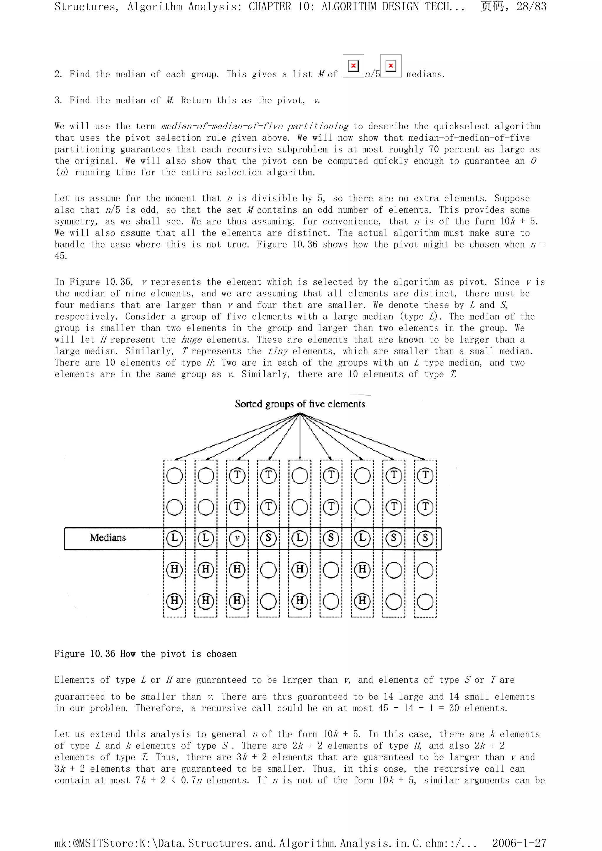 2. Find the median of each group. This gives a list M of n/5 medians.
3. Find the median of M. Return this as the pivot, v.
We will use the term median-of-median-of-five partitioning to describe the quickselect algorithm
that uses the pivot selection rule given above. We will now show that median-of-median-of-five
partitioning guarantees that each recursive subproblem is at most roughly 70 percent as large as
the original. We will also show that the pivot can be computed quickly enough to guarantee an O
(n) running time for the entire selection algorithm.
Let us assume for the moment that n is divisible by 5, so there are no extra elements. Suppose
also that n/5 is odd, so that the set M contains an odd number of elements. This provides some
symmetry, as we shall see. We are thus assuming, for convenience, that n is of the form 10k + 5.
We will also assume that all the elements are distinct. The actual algorithm must make sure to
handle the case where this is not true. Figure 10.36 shows how the pivot might be chosen when n =
45.
In Figure 10.36, v represents the element which is selected by the algorithm as pivot. Since v is
the median of nine elements, and we are assuming that all elements are distinct, there must be
four medians that are larger than v and four that are smaller. We denote these by L and S,
respectively. Consider a group of five elements with a large median (type L). The median of the
group is smaller than two elements in the group and larger than two elements in the group. We
will let H represent the huge elements. These are elements that are known to be larger than a
large median. Similarly, T represents the tiny elements, which are smaller than a small median.
There are 10 elements of type H: Two are in each of the groups with an L type median, and two
elements are in the same group as v. Similarly, there are 10 elements of type T.
Figure 10.36 How the pivot is chosen
Elements of type L or H are guaranteed to be larger than v, and elements of type S or T are
guaranteed to be smaller than v. There are thus guaranteed to be 14 large and 14 small elements
in our problem. Therefore, a recursive call could be on at most 45 - 14 - 1 = 30 elements.
Let us extend this analysis to general n of the form 10k + 5. In this case, there are k elements
of type L and k elements of type S . There are 2k + 2 elements of type H, and also 2k + 2
elements of type T. Thus, there are 3k + 2 elements that are guaranteed to be larger than v and
3k + 2 elements that are guaranteed to be smaller. Thus, in this case, the recursive call can
contain at most 7k + 2 < 0.7n elements. If n is not of the form 10k + 5, similar arguments can be
页码，28/83
Structures, Algorithm Analysis: CHAPTER 10: ALGORITHM DESIGN TECH...
2006-1-27
mk:@MSITStore:K:Data.Structures.and.Algorithm.Analysis.in.C.chm::/...
 
