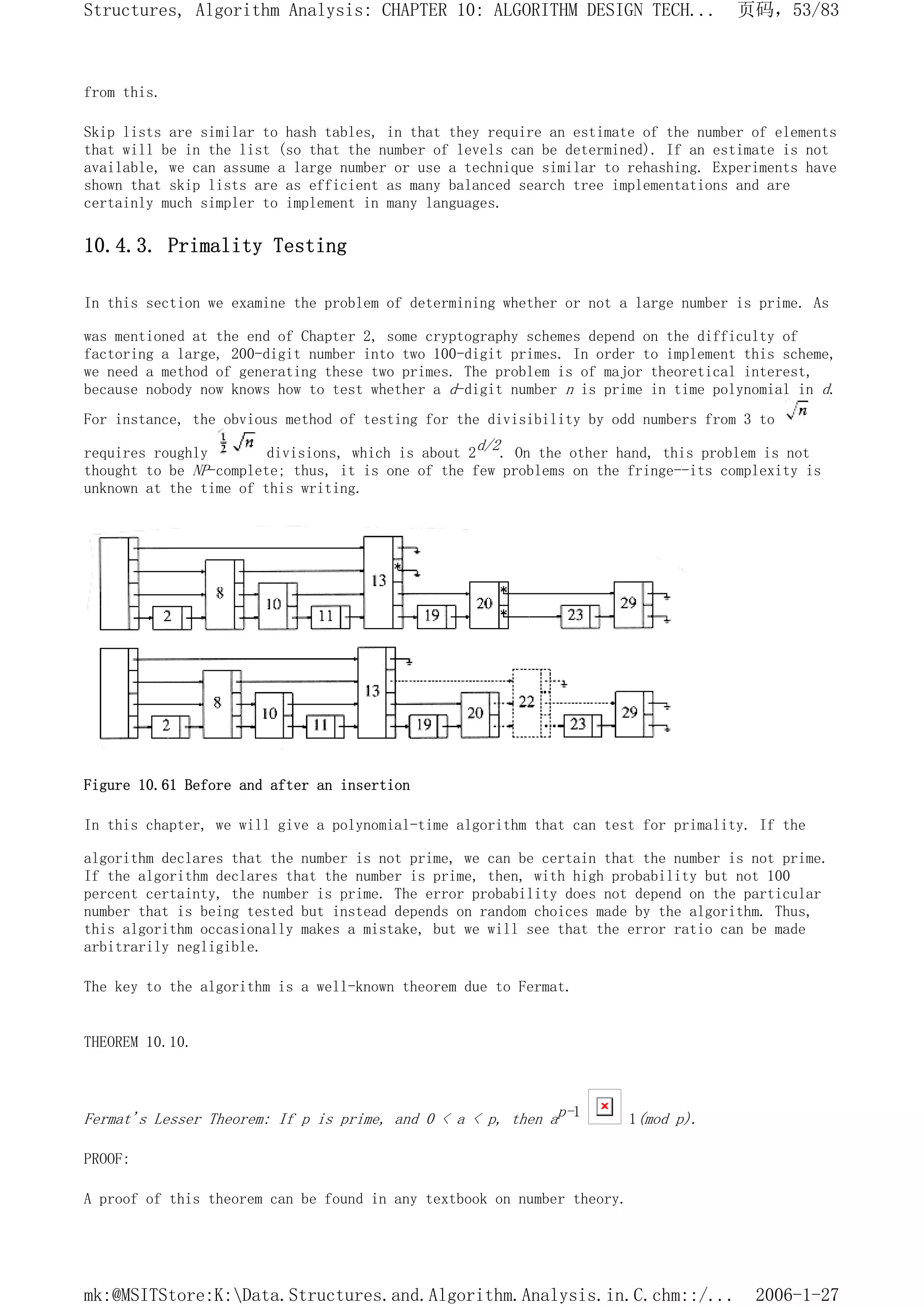 from this.
Skip lists are similar to hash tables, in that they require an estimate of the number of elements
that will be in the list (so that the number of levels can be determined). If an estimate is not
available, we can assume a large number or use a technique similar to rehashing. Experiments have
shown that skip lists are as efficient as many balanced search tree implementations and are
certainly much simpler to implement in many languages.
10.4.3. Primality Testing
In this section we examine the problem of determining whether or not a large number is prime. As
was mentioned at the end of Chapter 2, some cryptography schemes depend on the difficulty of
factoring a large, 200-digit number into two 100-digit primes. In order to implement this scheme,
we need a method of generating these two primes. The problem is of major theoretical interest,
because nobody now knows how to test whether a d-digit number n is prime in time polynomial in d.
For instance, the obvious method of testing for the divisibility by odd numbers from 3 to
requires roughly divisions, which is about 2d/2. On the other hand, this problem is not
thought to be NP-complete; thus, it is one of the few problems on the fringe--its complexity is
unknown at the time of this writing.
Figure 10.61 Before and after an insertion
In this chapter, we will give a polynomial-time algorithm that can test for primality. If the
algorithm declares that the number is not prime, we can be certain that the number is not prime.
If the algorithm declares that the number is prime, then, with high probability but not 100
percent certainty, the number is prime. The error probability does not depend on the particular
number that is being tested but instead depends on random choices made by the algorithm. Thus,
this algorithm occasionally makes a mistake, but we will see that the error ratio can be made
arbitrarily negligible.
The key to the algorithm is a well-known theorem due to Fermat.
THEOREM 10.10.
Fermat's Lesser Theorem: If p is prime, and 0 < a < p, then ap-1 1(mod p).
PROOF:
A proof of this theorem can be found in any textbook on number theory.
页码，53/83
Structures, Algorithm Analysis: CHAPTER 10: ALGORITHM DESIGN TECH...
2006-1-27
mk:@MSITStore:K:Data.Structures.and.Algorithm.Analysis.in.C.chm::/...
 