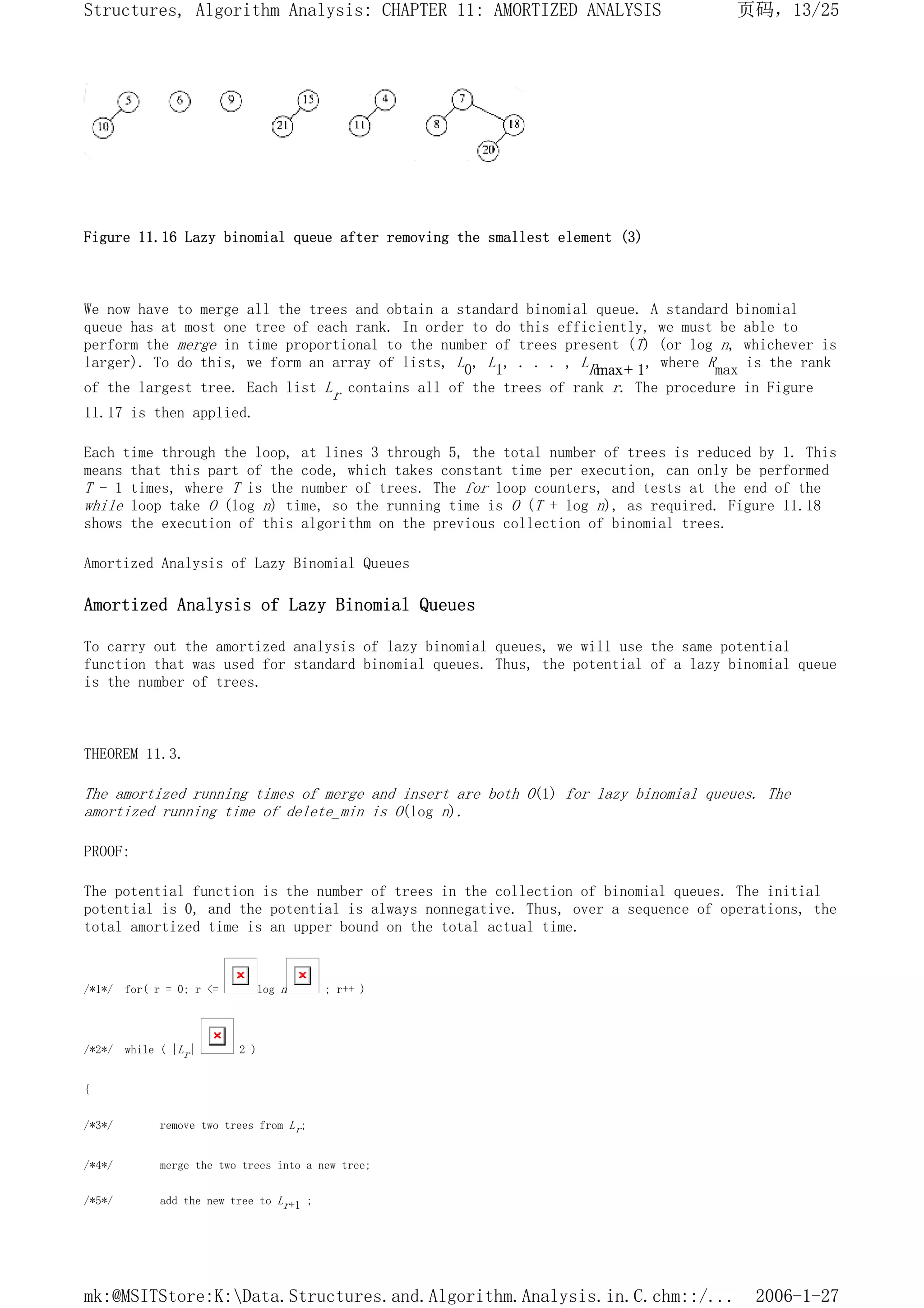 Figure 11.16 Lazy binomial queue after removing the smallest element (3)
We now have to merge all the trees and obtain a standard binomial queue. A standard binomial
queue has at most one tree of each rank. In order to do this efficiently, we must be able to
perform the merge in time proportional to the number of trees present (T) (or log n, whichever is
larger). To do this, we form an array of lists, L0, L1, . . . , LRmax+ 1, where Rmax is the rank
of the largest tree. Each list Lr contains all of the trees of rank r. The procedure in Figure
11.17 is then applied.
Each time through the loop, at lines 3 through 5, the total number of trees is reduced by 1. This
means that this part of the code, which takes constant time per execution, can only be performed
T - 1 times, where T is the number of trees. The for loop counters, and tests at the end of the
while loop take O (log n) time, so the running time is O (T + log n), as required. Figure 11.18
shows the execution of this algorithm on the previous collection of binomial trees.
Amortized Analysis of Lazy Binomial Queues
Amortized Analysis of Lazy Binomial Queues
To carry out the amortized analysis of lazy binomial queues, we will use the same potential
function that was used for standard binomial queues. Thus, the potential of a lazy binomial queue
is the number of trees.
THEOREM 11.3.
The amortized running times of merge and insert are both O(1) for lazy binomial queues. The
amortized running time of delete_min is O(log n).
PROOF:
The potential function is the number of trees in the collection of binomial queues. The initial
potential is 0, and the potential is always nonnegative. Thus, over a sequence of operations, the
total amortized time is an upper bound on the total actual time.
/*1*/ for( r = 0; r <= log n ; r++ )
/*2*/ while ( |Lr| 2 )
{
/*3*/ remove two trees from Lr;
/*4*/ merge the two trees into a new tree;
/*5*/ add the new tree to Lr+1 ;
页码，13/25
Structures, Algorithm Analysis: CHAPTER 11: AMORTIZED ANALYSIS
2006-1-27
mk:@MSITStore:K:Data.Structures.and.Algorithm.Analysis.in.C.chm::/...
 