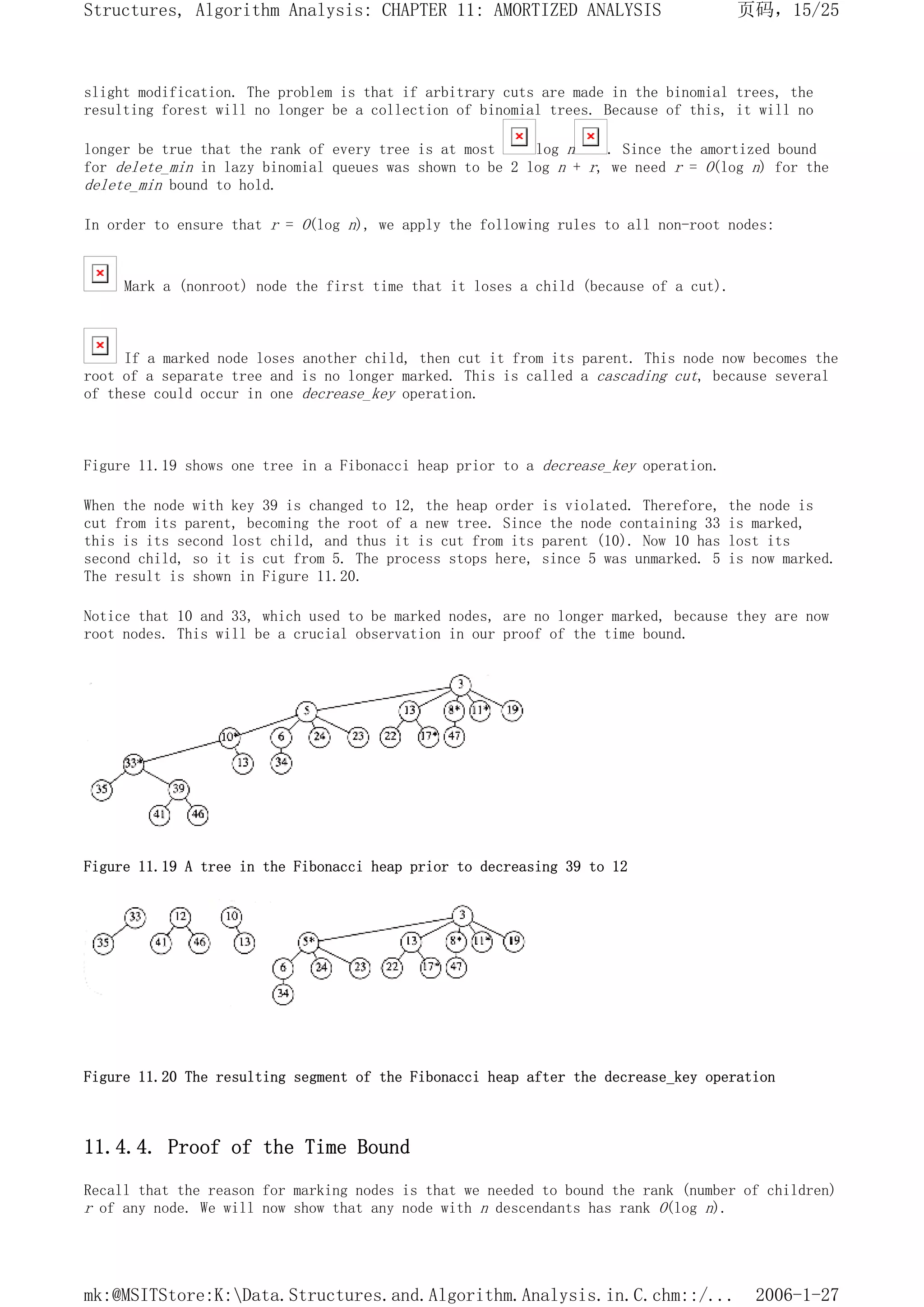 slight modification. The problem is that if arbitrary cuts are made in the binomial trees, the
resulting forest will no longer be a collection of binomial trees. Because of this, it will no
longer be true that the rank of every tree is at most log n . Since the amortized bound
for delete_min in lazy binomial queues was shown to be 2 log n + r, we need r = O(log n) for the
delete_min bound to hold.
In order to ensure that r = O(log n), we apply the following rules to all non-root nodes:
Mark a (nonroot) node the first time that it loses a child (because of a cut).
If a marked node loses another child, then cut it from its parent. This node now becomes the
root of a separate tree and is no longer marked. This is called a cascading cut, because several
of these could occur in one decrease_key operation.
Figure 11.19 shows one tree in a Fibonacci heap prior to a decrease_key operation.
When the node with key 39 is changed to 12, the heap order is violated. Therefore, the node is
cut from its parent, becoming the root of a new tree. Since the node containing 33 is marked,
this is its second lost child, and thus it is cut from its parent (10). Now 10 has lost its
second child, so it is cut from 5. The process stops here, since 5 was unmarked. 5 is now marked.
The result is shown in Figure 11.20.
Notice that 10 and 33, which used to be marked nodes, are no longer marked, because they are now
root nodes. This will be a crucial observation in our proof of the time bound.
Figure 11.19 A tree in the Fibonacci heap prior to decreasing 39 to 12
Figure 11.20 The resulting segment of the Fibonacci heap after the decrease_key operation
11.4.4. Proof of the Time Bound
Recall that the reason for marking nodes is that we needed to bound the rank (number of children)
r of any node. We will now show that any node with n descendants has rank O(log n).
页码，15/25
Structures, Algorithm Analysis: CHAPTER 11: AMORTIZED ANALYSIS
2006-1-27
mk:@MSITStore:K:Data.Structures.and.Algorithm.Analysis.in.C.chm::/...
 