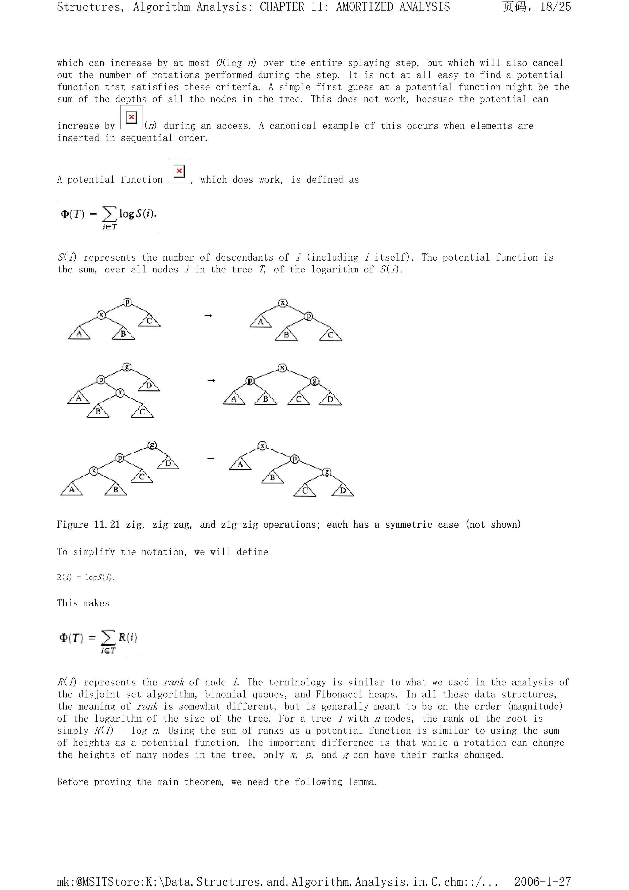 which can increase by at most O(log n) over the entire splaying step, but which will also cancel
out the number of rotations performed during the step. It is not at all easy to find a potential
function that satisfies these criteria. A simple first guess at a potential function might be the
sum of the depths of all the nodes in the tree. This does not work, because the potential can
increase by (n) during an access. A canonical example of this occurs when elements are
inserted in sequential order.
A potential function , which does work, is defined as
S(i) represents the number of descendants of i (including i itself). The potential function is
the sum, over all nodes i in the tree T, of the logarithm of S(i).
Figure 11.21 zig, zig-zag, and zig-zig operations; each has a symmetric case (not shown)
To simplify the notation, we will define
R(i) = logS(i).
This makes
R(i) represents the rank of node i. The terminology is similar to what we used in the analysis of
the disjoint set algorithm, binomial queues, and Fibonacci heaps. In all these data structures,
the meaning of rank is somewhat different, but is generally meant to be on the order (magnitude)
of the logarithm of the size of the tree. For a tree T with n nodes, the rank of the root is
simply R(T) = log n. Using the sum of ranks as a potential function is similar to using the sum
of heights as a potential function. The important difference is that while a rotation can change
the heights of many nodes in the tree, only x, p, and g can have their ranks changed.
Before proving the main theorem, we need the following lemma.
页码，18/25
Structures, Algorithm Analysis: CHAPTER 11: AMORTIZED ANALYSIS
2006-1-27
mk:@MSITStore:K:Data.Structures.and.Algorithm.Analysis.in.C.chm::/...
 