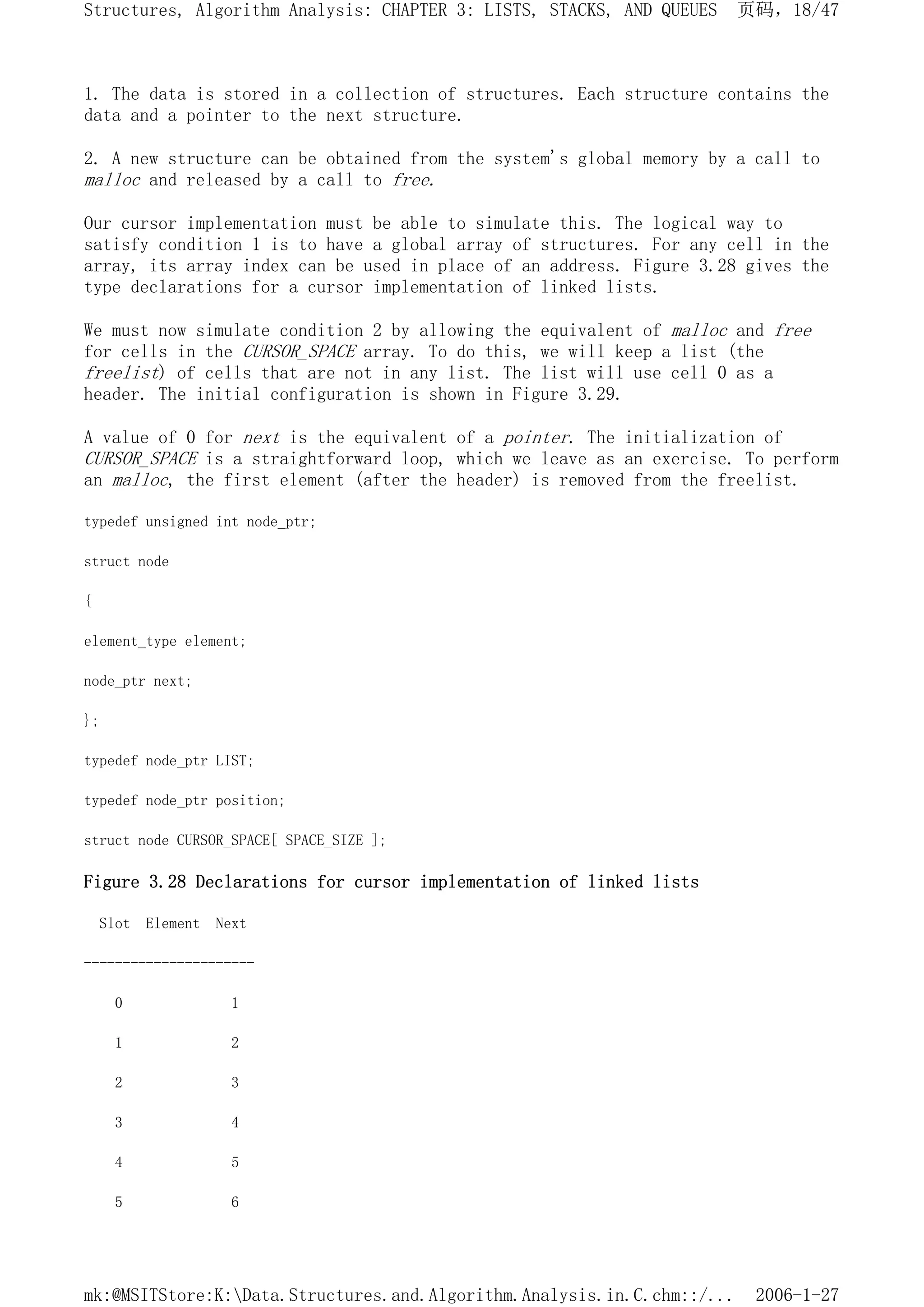 1. The data is stored in a collection of structures. Each structure contains the
data and a pointer to the next structure.
2. A new structure can be obtained from the system's global memory by a call to
malloc and released by a call to free.
Our cursor implementation must be able to simulate this. The logical way to
satisfy condition 1 is to have a global array of structures. For any cell in the
array, its array index can be used in place of an address. Figure 3.28 gives the
type declarations for a cursor implementation of linked lists.
We must now simulate condition 2 by allowing the equivalent of malloc and free
for cells in the CURSOR_SPACE array. To do this, we will keep a list (the
freelist) of cells that are not in any list. The list will use cell 0 as a
header. The initial configuration is shown in Figure 3.29.
A value of 0 for next is the equivalent of a pointer. The initialization of
CURSOR_SPACE is a straightforward loop, which we leave as an exercise. To perform
an malloc, the first element (after the header) is removed from the freelist.
typedef unsigned int node_ptr;
struct node
{
element_type element;
node_ptr next;
};
typedef node_ptr LIST;
typedef node_ptr position;
struct node CURSOR_SPACE[ SPACE_SIZE ];
Figure 3.28 Declarations for cursor implementation of linked lists
Slot Element Next
----------------------
0 1
1 2
2 3
3 4
4 5
5 6
页码，18/47
Structures, Algorithm Analysis: CHAPTER 3: LISTS, STACKS, AND QUEUES
2006-1-27
mk:@MSITStore:K:Data.Structures.and.Algorithm.Analysis.in.C.chm::/...
 