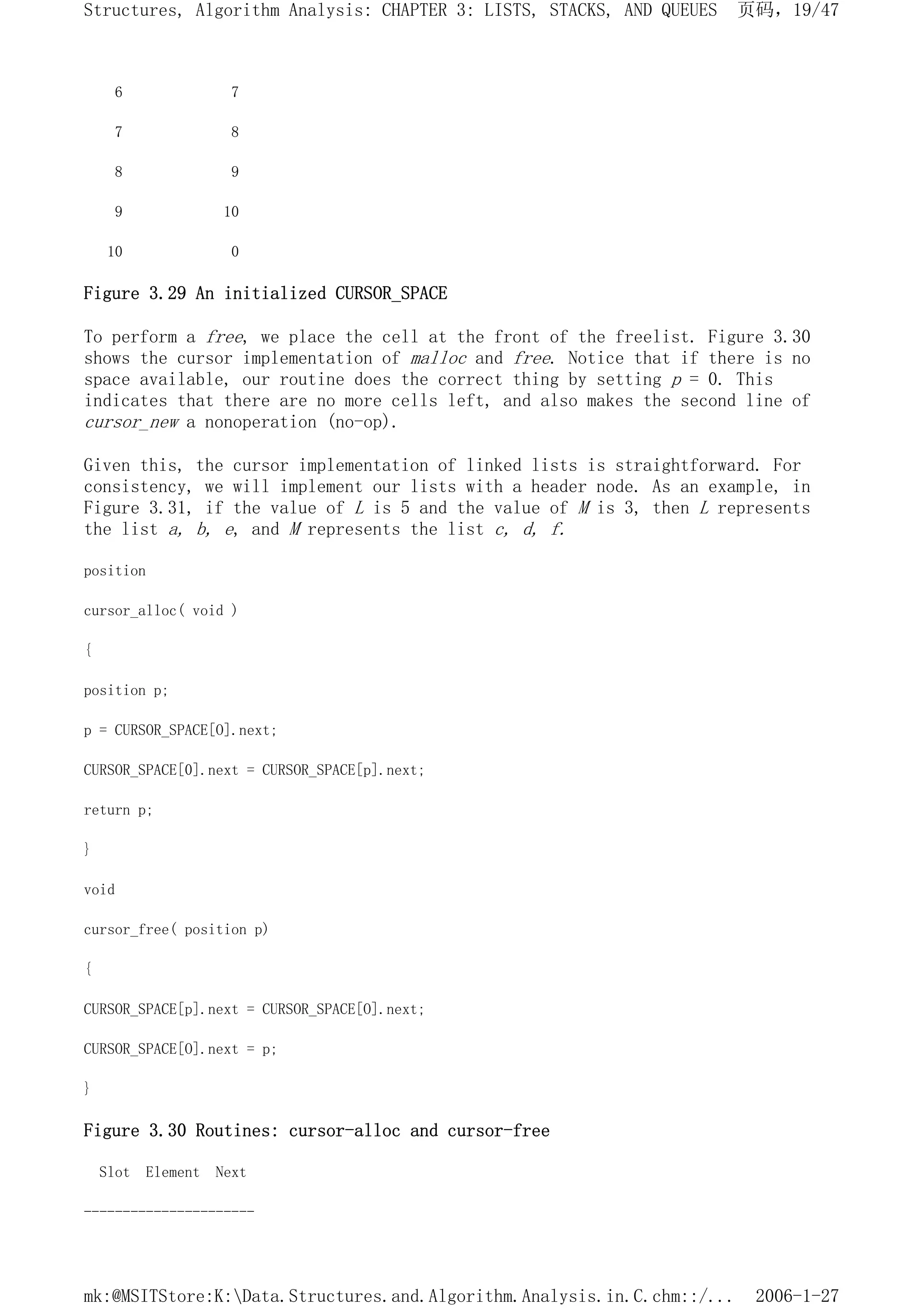 6 7
7 8
8 9
9 10
10 0
Figure 3.29 An initialized CURSOR_SPACE
To perform a free, we place the cell at the front of the freelist. Figure 3.30
shows the cursor implementation of malloc and free. Notice that if there is no
space available, our routine does the correct thing by setting p = 0. This
indicates that there are no more cells left, and also makes the second line of
cursor_new a nonoperation (no-op).
Given this, the cursor implementation of linked lists is straightforward. For
consistency, we will implement our lists with a header node. As an example, in
Figure 3.31, if the value of L is 5 and the value of M is 3, then L represents
the list a, b, e, and M represents the list c, d, f.
position
cursor_alloc( void )
{
position p;
p = CURSOR_SPACE[O].next;
CURSOR_SPACE[0].next = CURSOR_SPACE[p].next;
return p;
}
void
cursor_free( position p)
{
CURSOR_SPACE[p].next = CURSOR_SPACE[O].next;
CURSOR_SPACE[O].next = p;
}
Figure 3.30 Routines: cursor-alloc and cursor-free
Slot Element Next
----------------------
页码，19/47
Structures, Algorithm Analysis: CHAPTER 3: LISTS, STACKS, AND QUEUES
2006-1-27
mk:@MSITStore:K:Data.Structures.and.Algorithm.Analysis.in.C.chm::/...
 