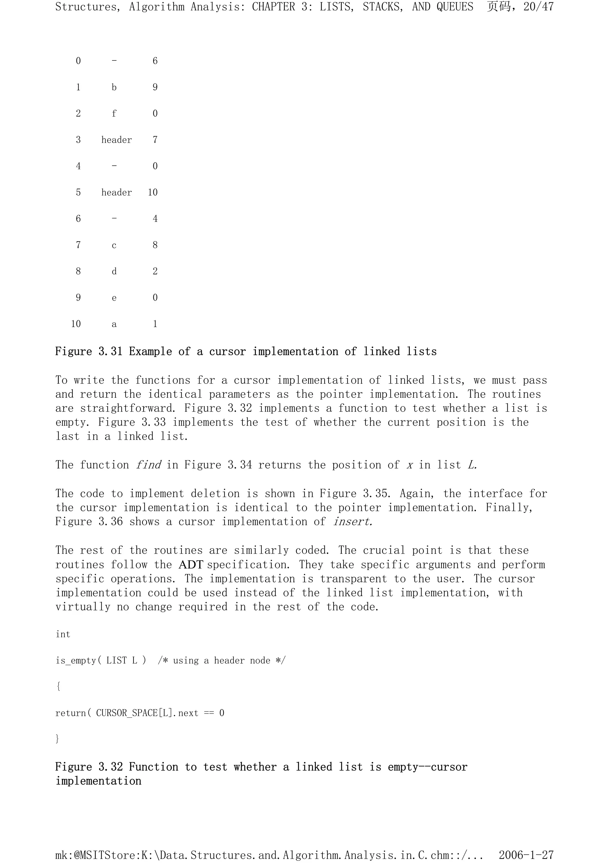 0 - 6
1 b 9
2 f 0
3 header 7
4 - 0
5 header 10
6 - 4
7 c 8
8 d 2
9 e 0
10 a 1
Figure 3.31 Example of a cursor implementation of linked lists
To write the functions for a cursor implementation of linked lists, we must pass
and return the identical parameters as the pointer implementation. The routines
are straightforward. Figure 3.32 implements a function to test whether a list is
empty. Figure 3.33 implements the test of whether the current position is the
last in a linked list.
The function find in Figure 3.34 returns the position of x in list L.
The code to implement deletion is shown in Figure 3.35. Again, the interface for
the cursor implementation is identical to the pointer implementation. Finally,
Figure 3.36 shows a cursor implementation of insert.
The rest of the routines are similarly coded. The crucial point is that these
routines follow the ADT specification. They take specific arguments and perform
specific operations. The implementation is transparent to the user. The cursor
implementation could be used instead of the linked list implementation, with
virtually no change required in the rest of the code.
int
is_empty( LIST L ) /* using a header node */
{
return( CURSOR_SPACE[L].next == 0
}
Figure 3.32 Function to test whether a linked list is empty--cursor
implementation
页码，20/47
Structures, Algorithm Analysis: CHAPTER 3: LISTS, STACKS, AND QUEUES
2006-1-27
mk:@MSITStore:K:Data.Structures.and.Algorithm.Analysis.in.C.chm::/...
 