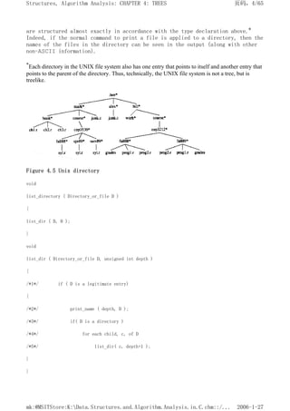 are structured almost exactly in accordance with the type declaration above.*
Indeed, if the normal command to print a file is applied to a directory, then the
names of the files in the directory can be seen in the output (along with other
non-ASCII information).
*Each directory in the UNIX file system also has one entry that points to itself and another entry that
points to the parent of the directory. Thus, technically, the UNIX file system is not a tree, but is
treelike.
Figure 4.5 Unix directory
void
list_directory ( Directory_or_file D )
{
list_dir ( D, 0 );
}
void
list_dir ( Directory_or_file D, unsigned int depth )
{
/*1*/ if ( D is a legitimate entry)
{
/*2*/ print_name ( depth, D );
/*3*/ if( D is a directory )
/*4*/ for each child, c, of D
/*5*/ list_dir( c, depth+1 );
}
}
页码，4/65
Structures, Algorithm Analysis: CHAPTER 4: TREES
2006-1-27
mk:@MSITStore:K:Data.Structures.and.Algorithm.Analysis.in.C.chm::/...
 
