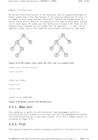 happens to be the root).
We now give brief descriptions of the operations that are usually performed on
binary search trees. Note that because of the recursive definition of trees, it
is common to write these routines recursively. Because the average depth of a
binary search tree is O(log n), we generally do not need to worry about running
out of stack space. We repeat our type definition in Figure 4.16. Since all the
elements can be ordered, we will assume that the operators <, >, and = can be
applied to them, even if this might be syntactically erroneous for some types.
Figure 4.15 Two binary trees (only the left tree is a search tree)
typedef struct tree_node *tree_ptr;
struct tree_node
{
element_type element;
tree_ptr left;
tree_ptr right;
};
typedef tree_ptr SEARCH_TREE;
Figure 4.16 Binary search tree declarations
4.3.1. Make_null
This operation is mainly for initialization. Some programmers prefer to
initialize the first element as a one-node tree, but our implementation follows
the recursive definition of trees more closely. It is also a simple routine, as
evidenced by Figure 4.17.
4.3.2. Find
This operation generally requires returning a pointer to the node in tree T that
页码，14/65
Structures, Algorithm Analysis: CHAPTER 4: TREES
2006-1-27
mk:@MSITStore:K:Data.Structures.and.Algorithm.Analysis.in.C.chm::/...
 