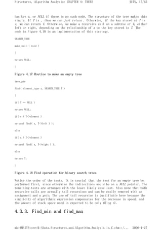 has key x, or NULL if there is no such node. The structure of the tree makes this
simple. If T is , then we can just return . Otherwise, if the key stored at T is
x, we can return T. Otherwise, we make a recursive call on a subtree of T, either
left or right, depending on the relationship of x to the key stored in T. The
code in Figure 4.18 is an implementation of this strategy.
SEARCH_TREE
make_null ( void )
{
return NULL;
}
Figure 4.17 Routine to make an empty tree
tree_ptr
find( element_type x, SEARCH_TREE T )
{
if( T == NULL )
return NULL;
if( x < T->element )
return( find( x, T->left ) );
else
if( x > T->element )
return( find( x, T->right ) );
else
return T;
}
Figure 4.18 Find operation for binary search trees
Notice the order of the tests. It is crucial that the test for an empty tree be
performed first, since otherwise the indirections would be on a NULL pointer. The
remaining tests are arranged with the least likely case last. Also note that both
recursive calls are actually tail recursions and can be easily removed with an
assignment and a goto. The use of tail recursion is justifiable here because the
simplicity of algorithmic expression compensates for the decrease in speed, and
the amount of stack space used is expected to be only O(log n).
4.3.3. Find_min and find_max
页码，15/65
Structures, Algorithm Analysis: CHAPTER 4: TREES
2006-1-27
mk:@MSITStore:K:Data.Structures.and.Algorithm.Analysis.in.C.chm::/...
 
