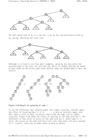 The next splay step at k1 is a zig-zig, so we do the zig-zig rotation with k1,
k4, and k5, obtaining the final tree.
Although it is hard to see from small examples, splaying not only moves the
accessed node to the root, but also has the effect of roughly halving the depth
of most nodes on the access path (some shallow nodes are pushed down at most two
levels).
Figure 4.44 Result of splaying at node 1
To see the difference that splaying makes over simple rotation, consider again
the effect of inserting keys 1, 2, 3, . . . , n into an initially empty tree.
This takes a total of O(n), as before, and yields the same tree as simple
rotations. Figure 4.44 shows the result of splaying at the node with key 1. The
difference is that after an access of the node with key 1, which takes n -1
units, the access on the node with key 2 will only take about n/2 units instead
of n - 2 units; there are no nodes quite as deep as before.
页码，40/65
Structures, Algorithm Analysis: CHAPTER 4: TREES
2006-1-27
mk:@MSITStore:K:Data.Structures.and.Algorithm.Analysis.in.C.chm::/...
 