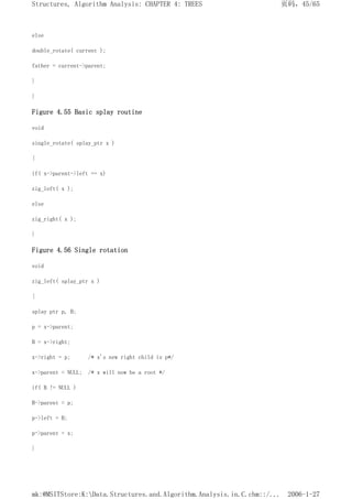 else
double_rotate( current );
father = current->parent;
}
}
Figure 4.55 Basic splay routine
void
single_rotate( splay_ptr x )
{
if( x->parent->left == x)
zig_left( x );
else
zig_right( x );
}
Figure 4.56 Single rotation
void
zig_left( splay_ptr x )
{
splay ptr p, B;
p = x->parent;
B = x->right;
x->right = p; /* x's new right child is p*/
x->parent = NULL; /* x will now be a root */
if( B != NULL )
B->parent = p;
p->left = B;
p->parent = x;
}
页码，45/65
Structures, Algorithm Analysis: CHAPTER 4: TREES
2006-1-27
mk:@MSITStore:K:Data.Structures.and.Algorithm.Analysis.in.C.chm::/...
 